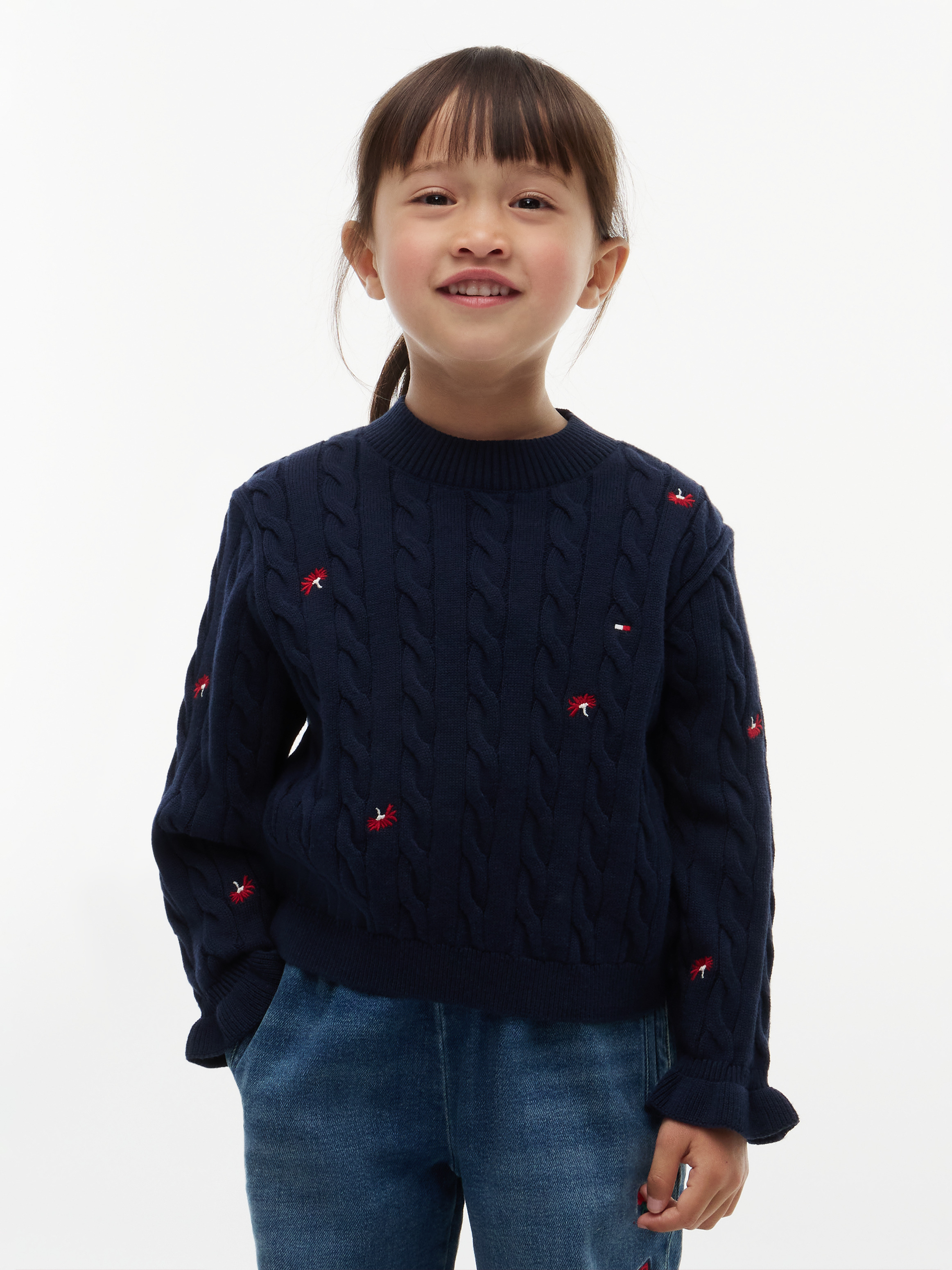 Floral Embroidery Cable Knit Relaxed Jumper — Navy