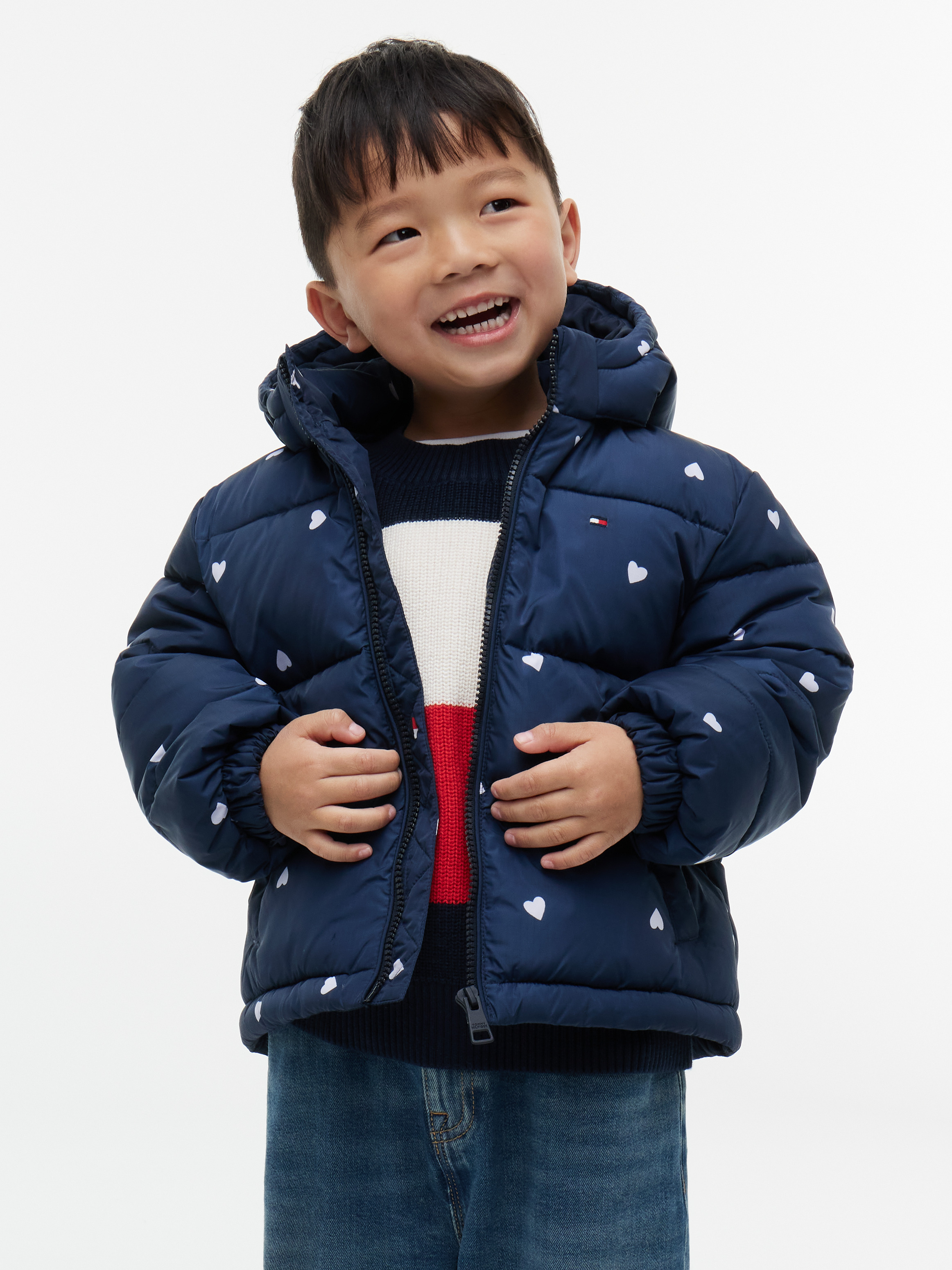 Colour-Blocked Ripstop Hooded Puffer Jacket — Dark Blue Heart Aop