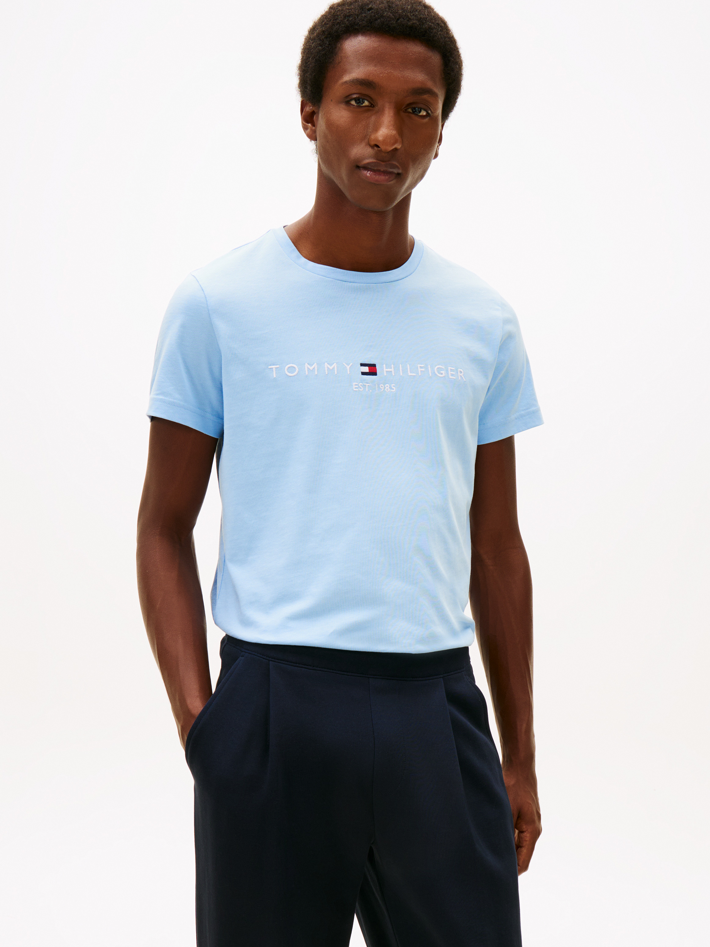 Logo Embroidery Slim Jersey T-Shirt — Blue