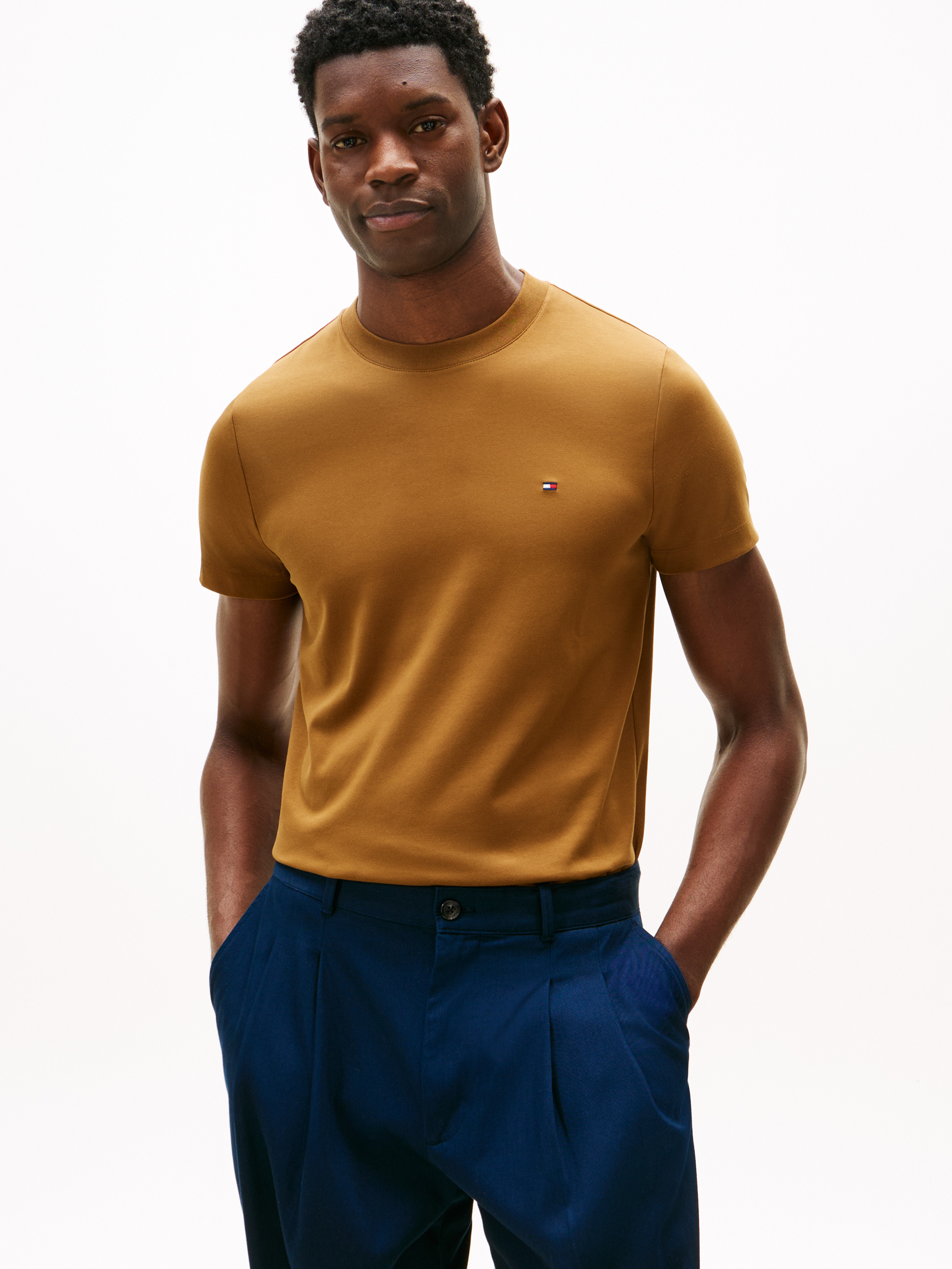 Flag Embroidery Slim Interlock Knit T-Shirt — KHAKI