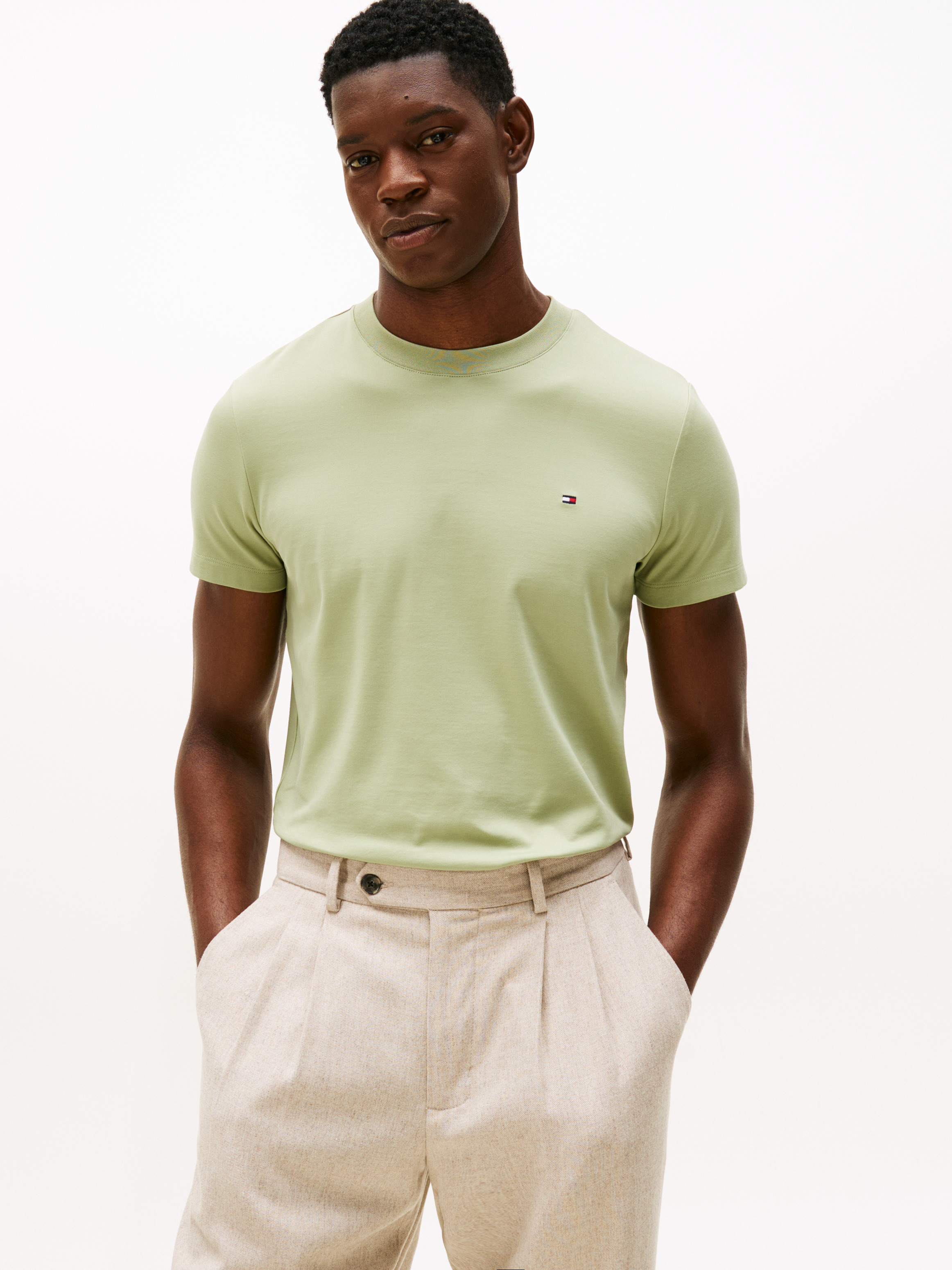 Flag Embroidery Slim Interlock Knit T-Shirt — Green