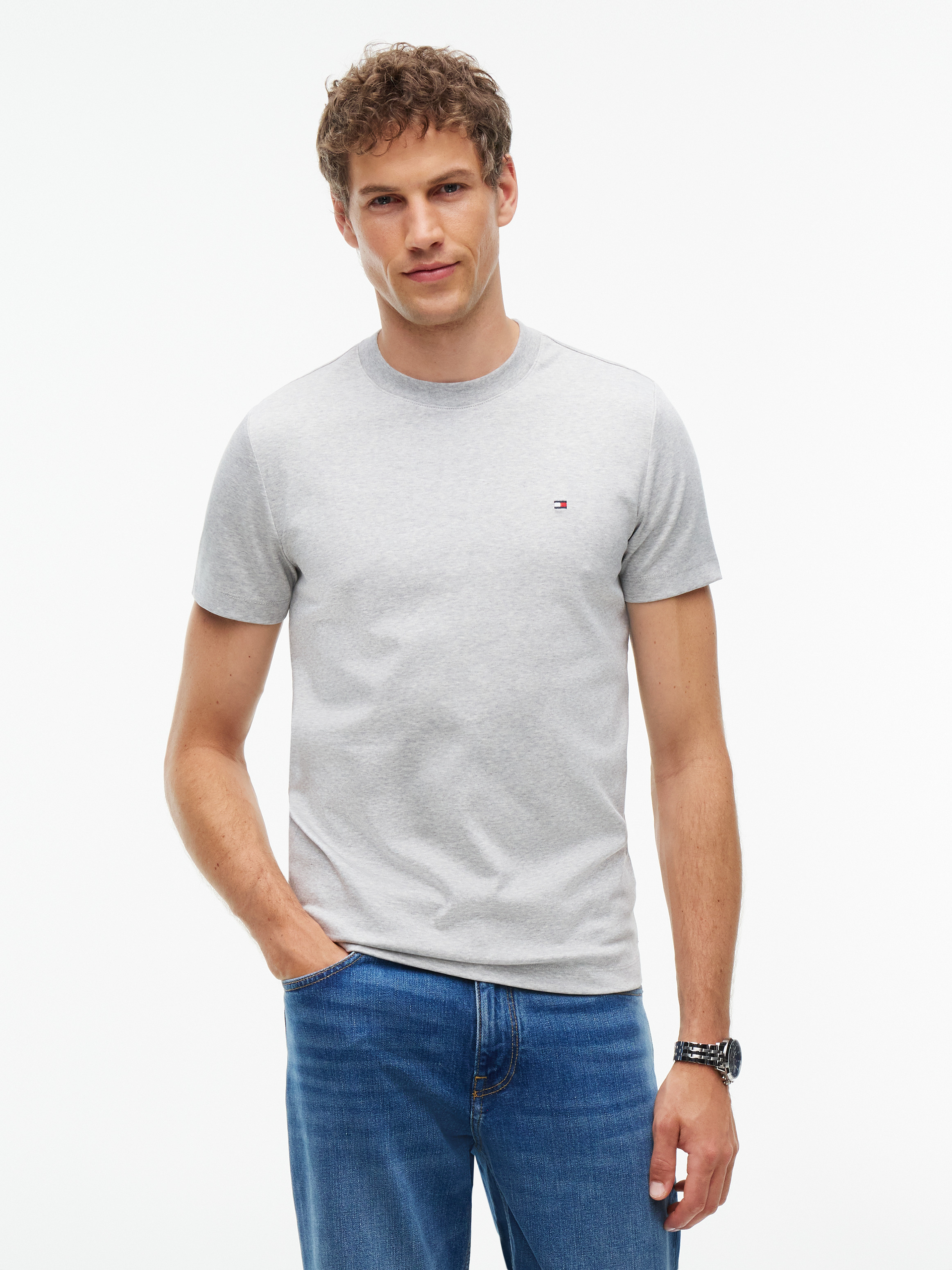 Flag Embroidery Slim Interlock Knit T-Shirt — Grey