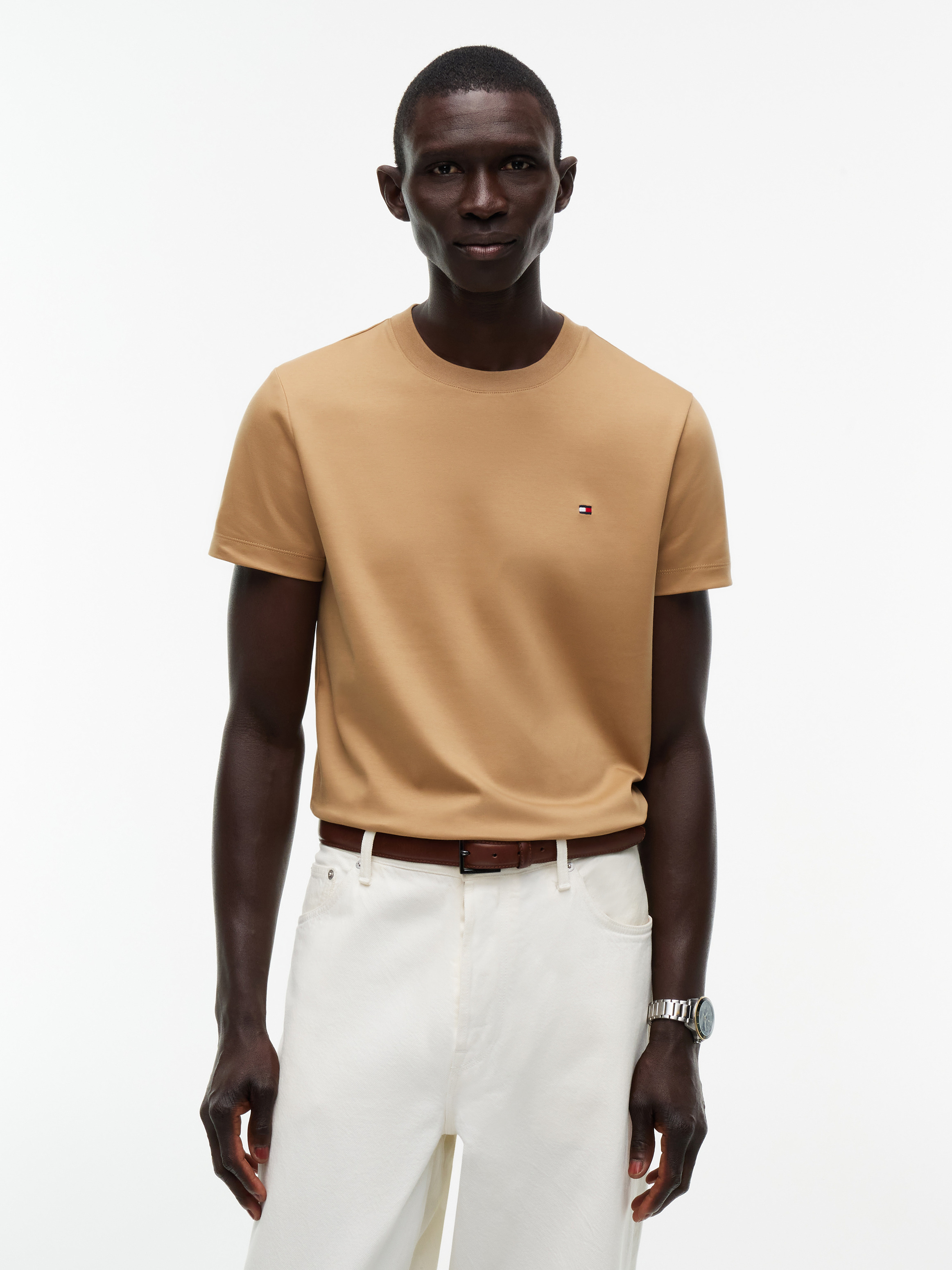 Flag Embroidery Slim Interlock Knit T-Shirt — KHAKI
