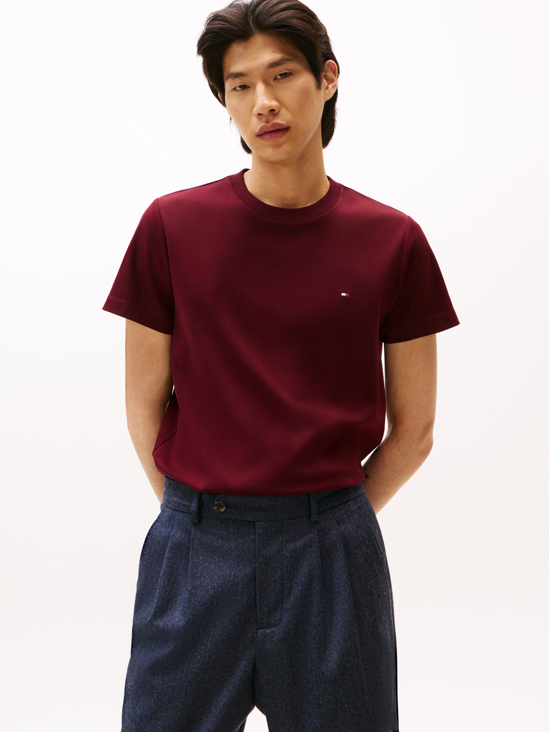 Flag Embroidery Slim Interlock Knit T-Shirt — Burgundy