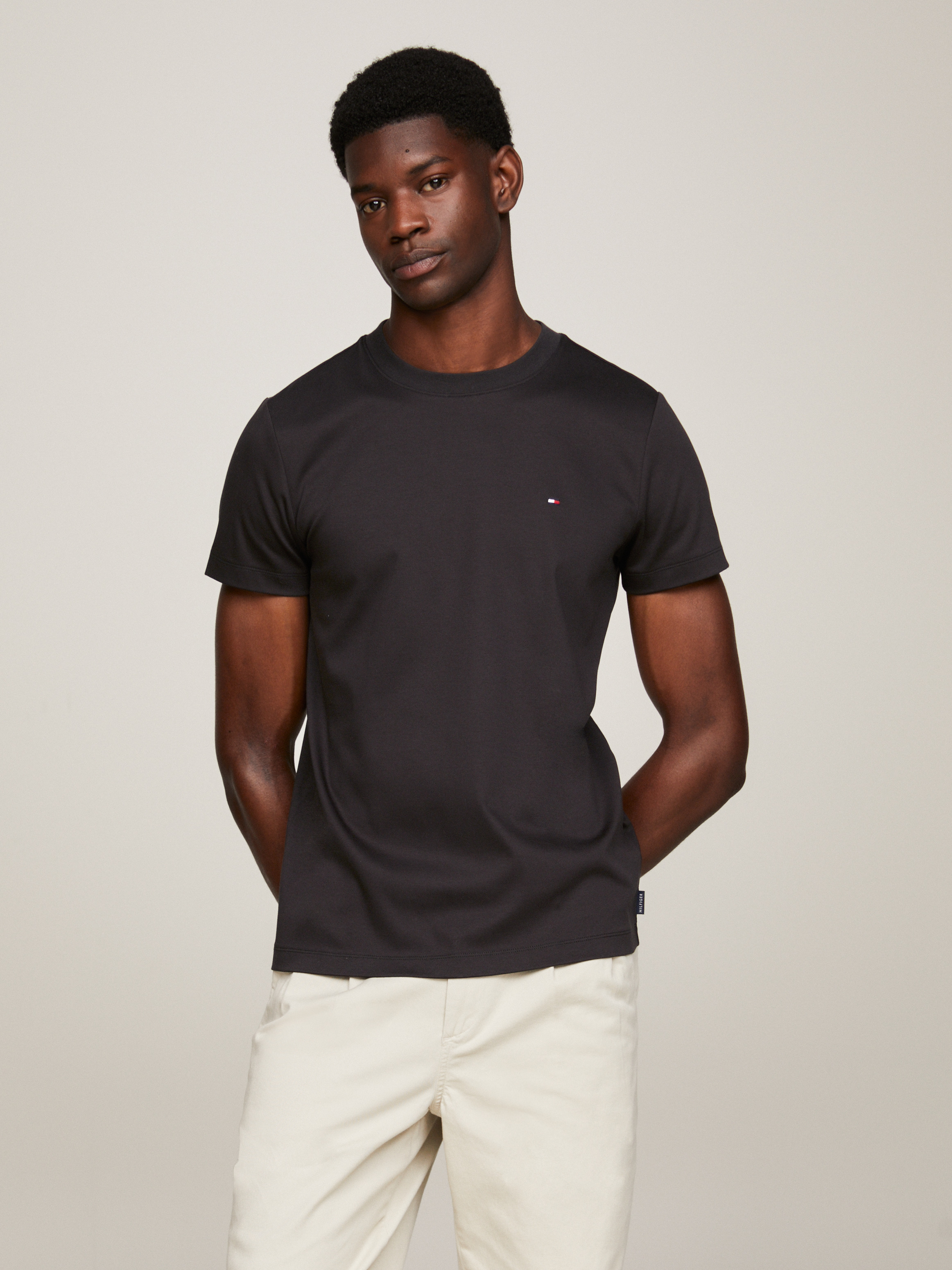 Flag Embroidery Slim Interlock Knit T-Shirt — Black