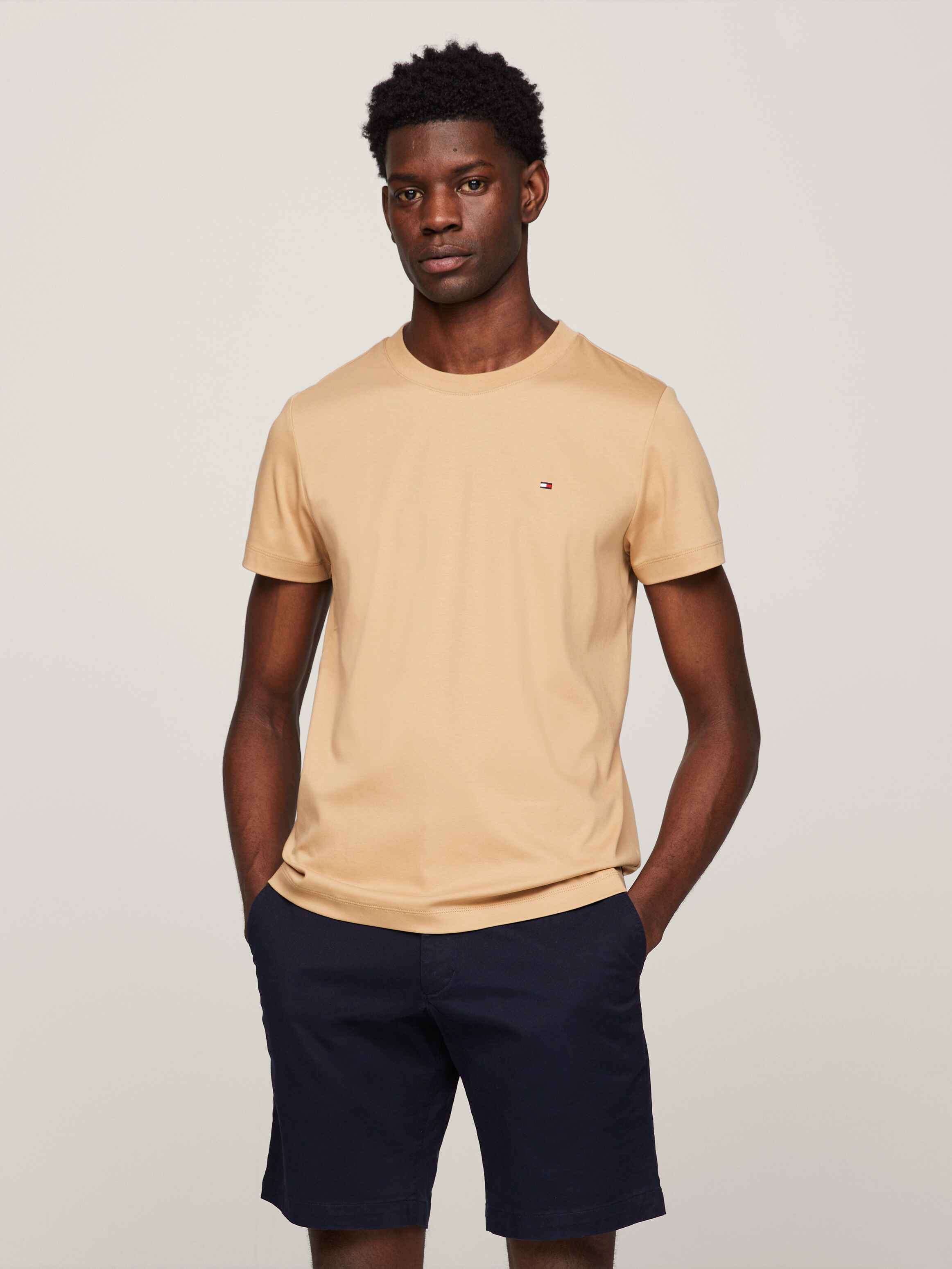 Flag Embroidery Slim Interlock Knit T-Shirt — KHAKI
