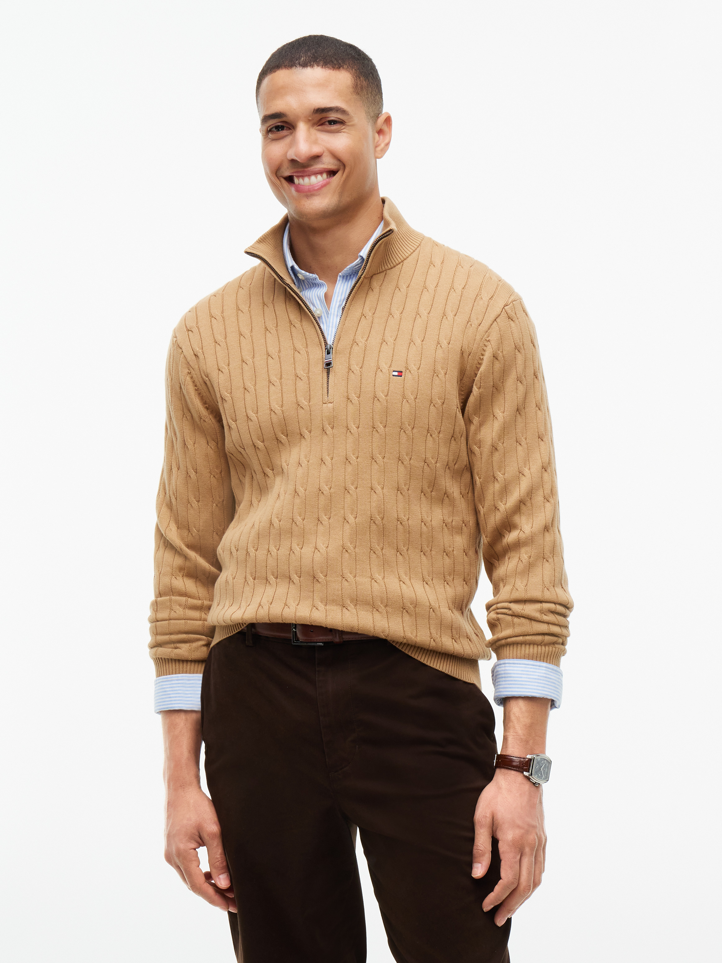 Cable Knit Quarter-Zip Jumper — KHAKI