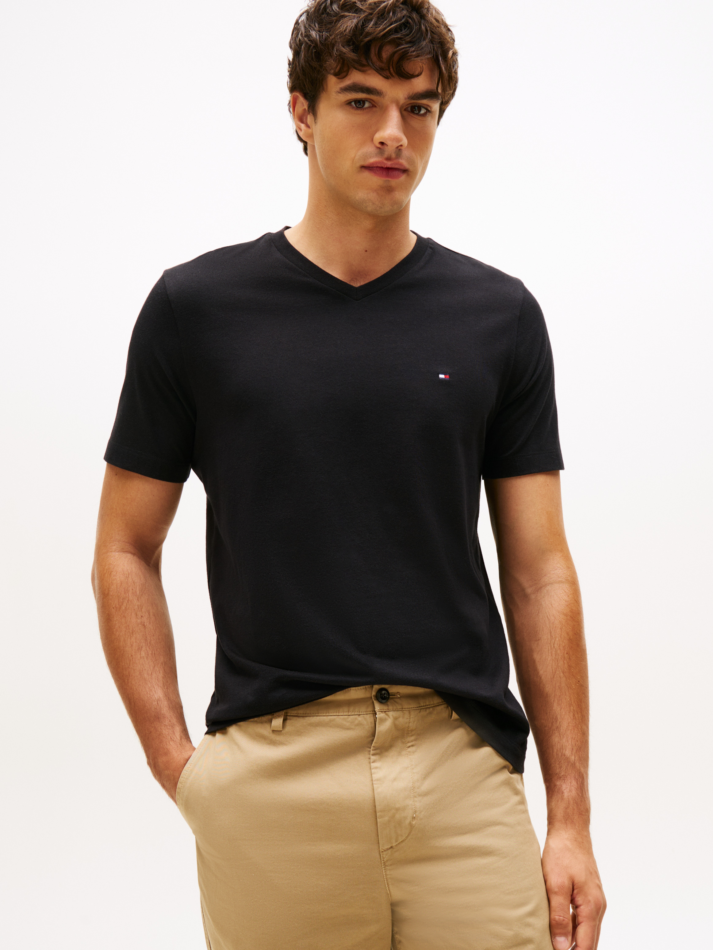 Flag Embroidery V-Neck T-Shirt — Black