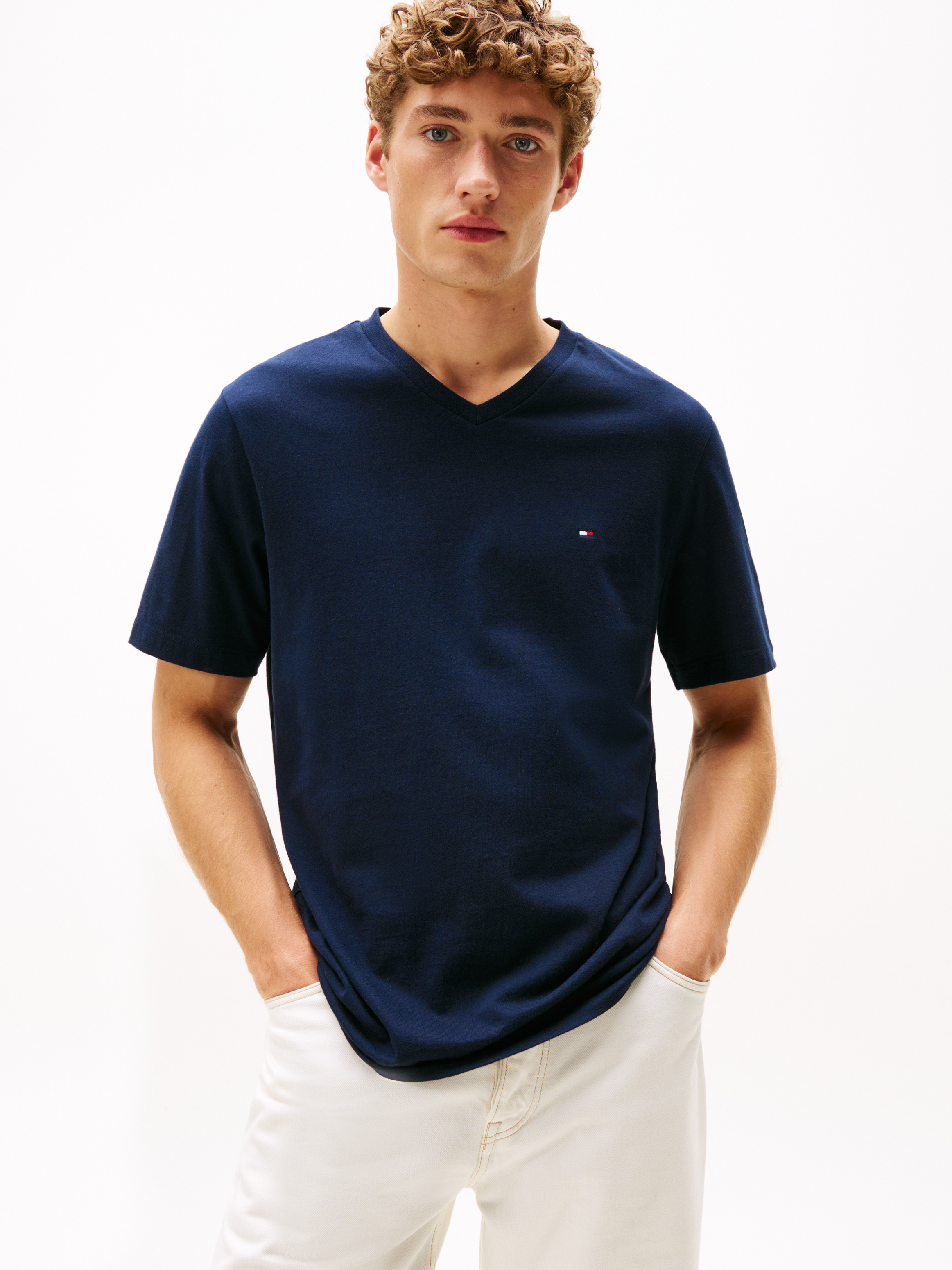 Flag Embroidery V-Neck T-Shirt — Blue