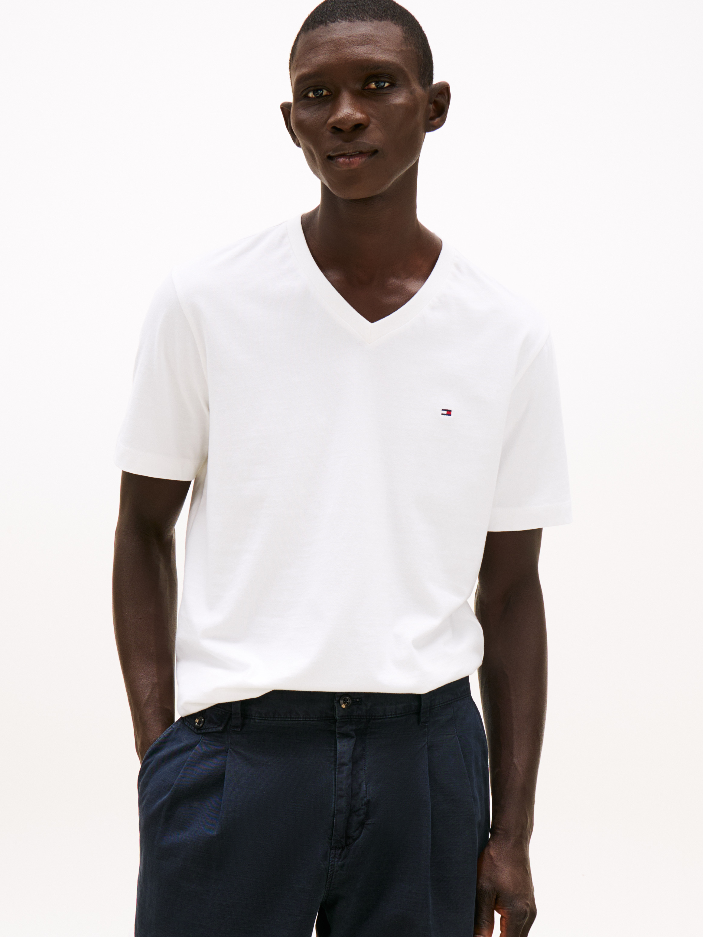 Flag Embroidery V-Neck T-Shirt — White