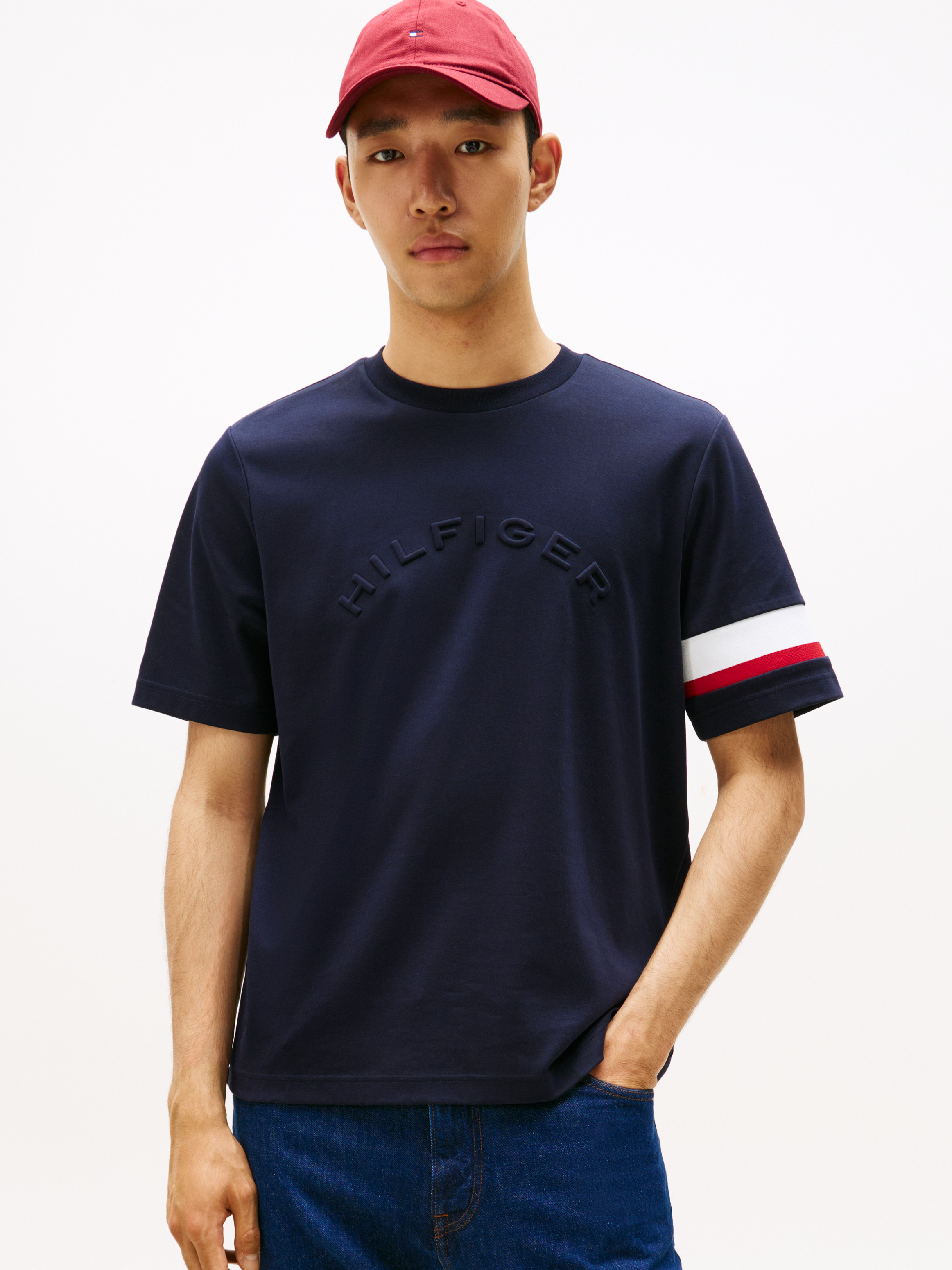 Colour-Blocked Sleeve Interlock Knit T-Shirt — Navy