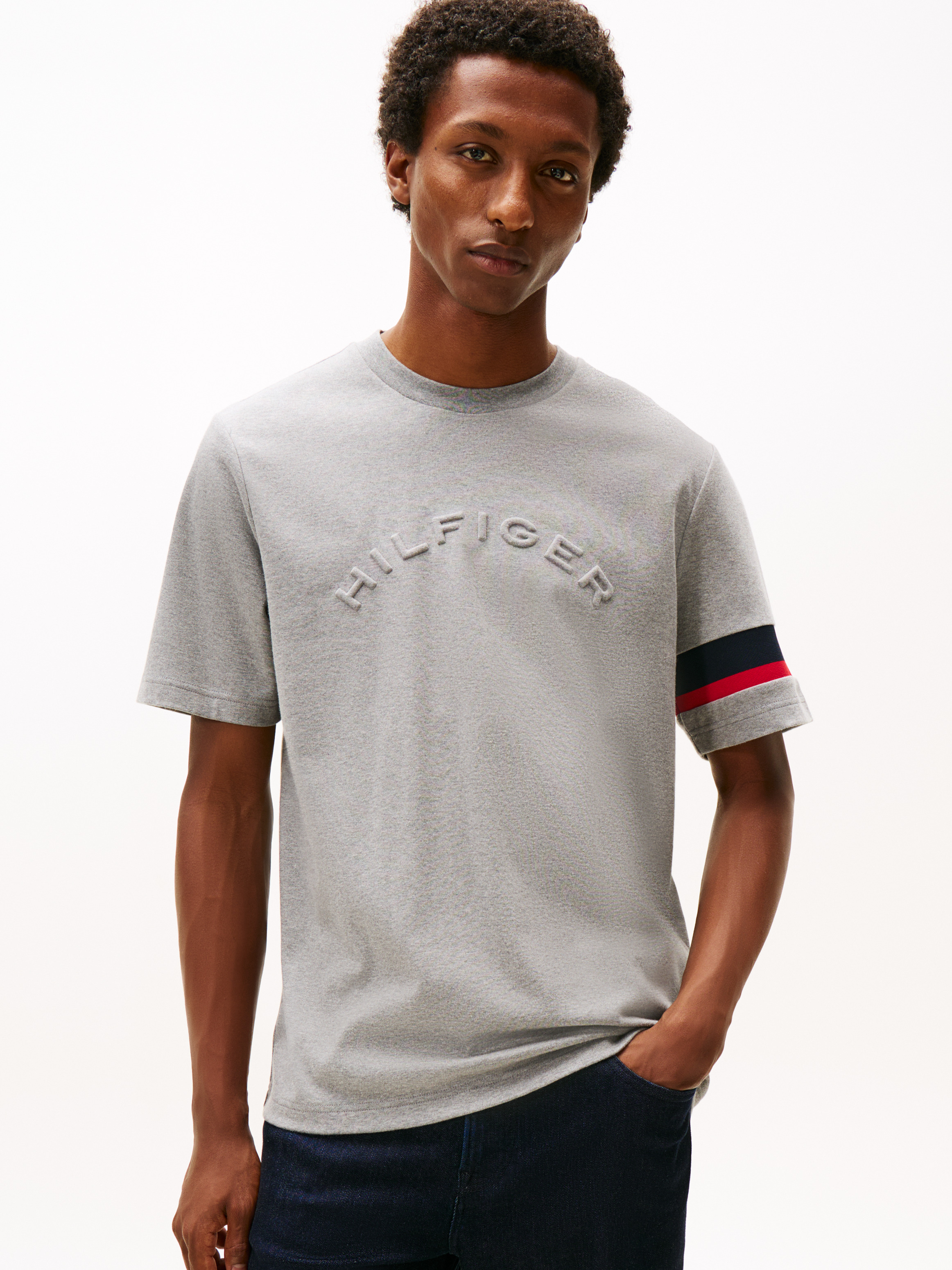 Colour-Blocked Sleeve Interlock Knit T-Shirt — GREY