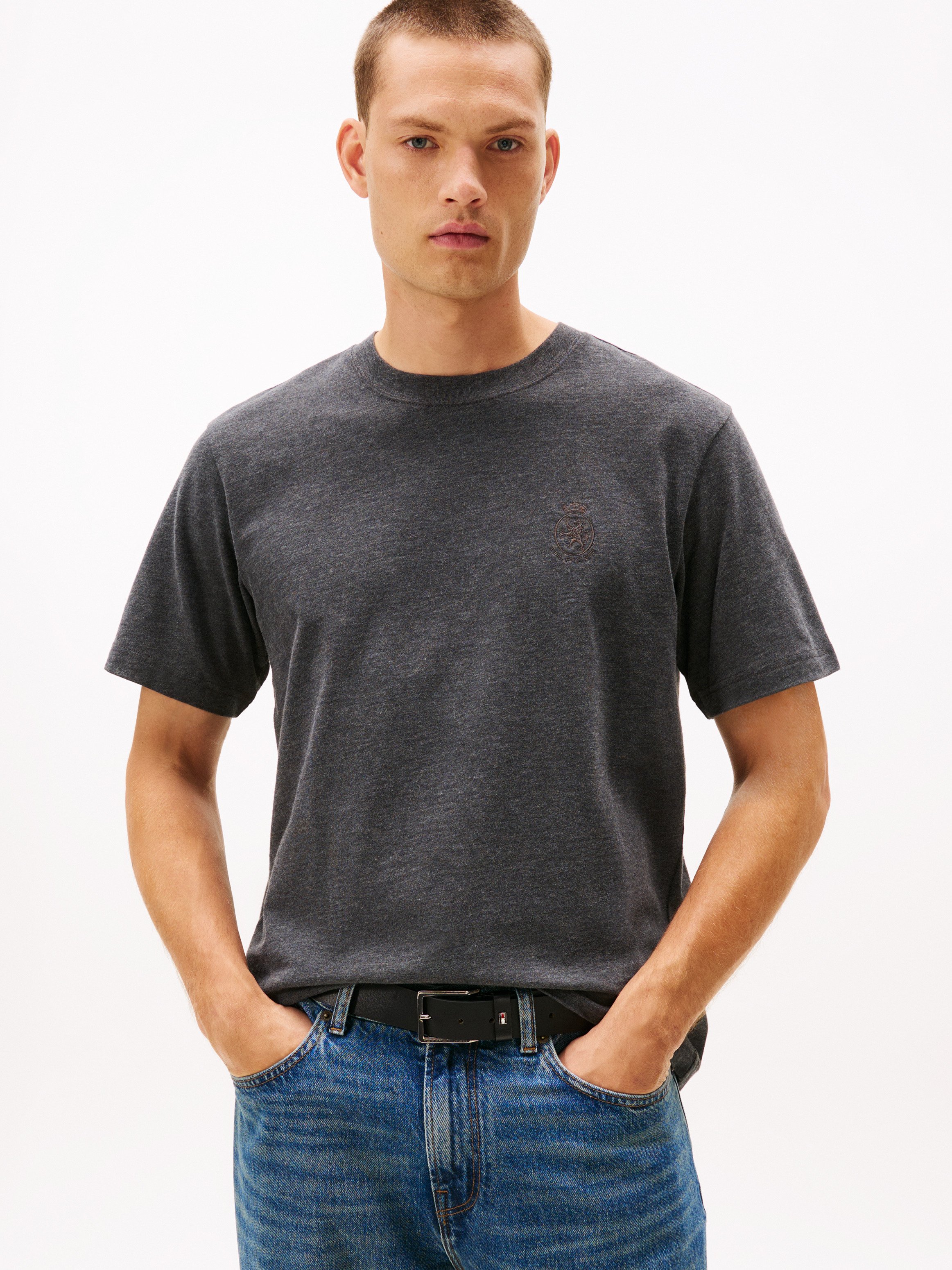 Varsity Textured Crest Embroidery T-Shirt — Grey