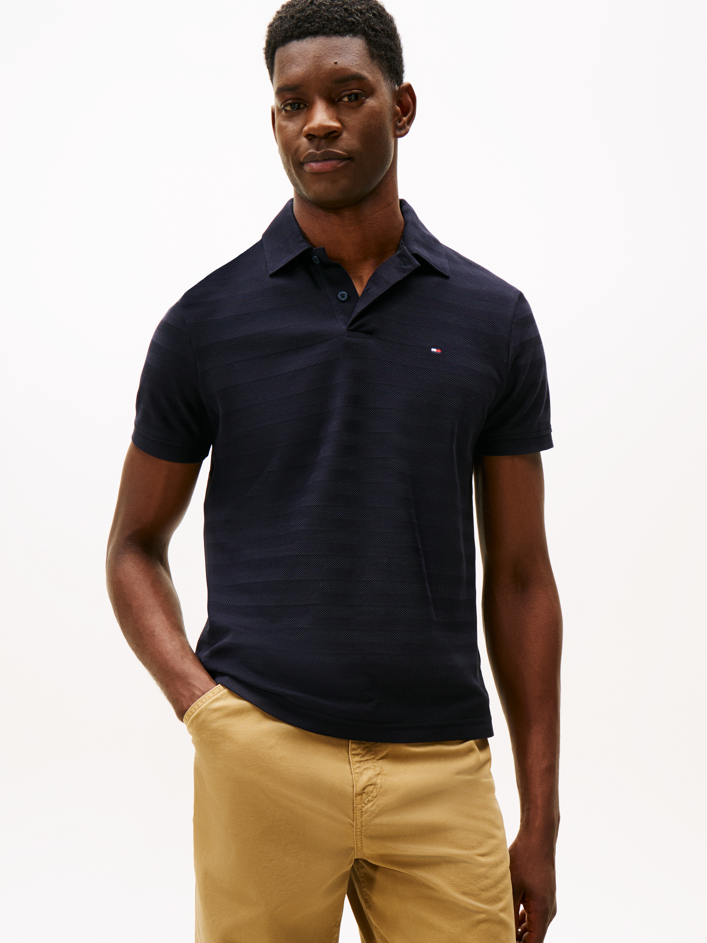 Herringbone Jacquard Polo Shirt — Navy