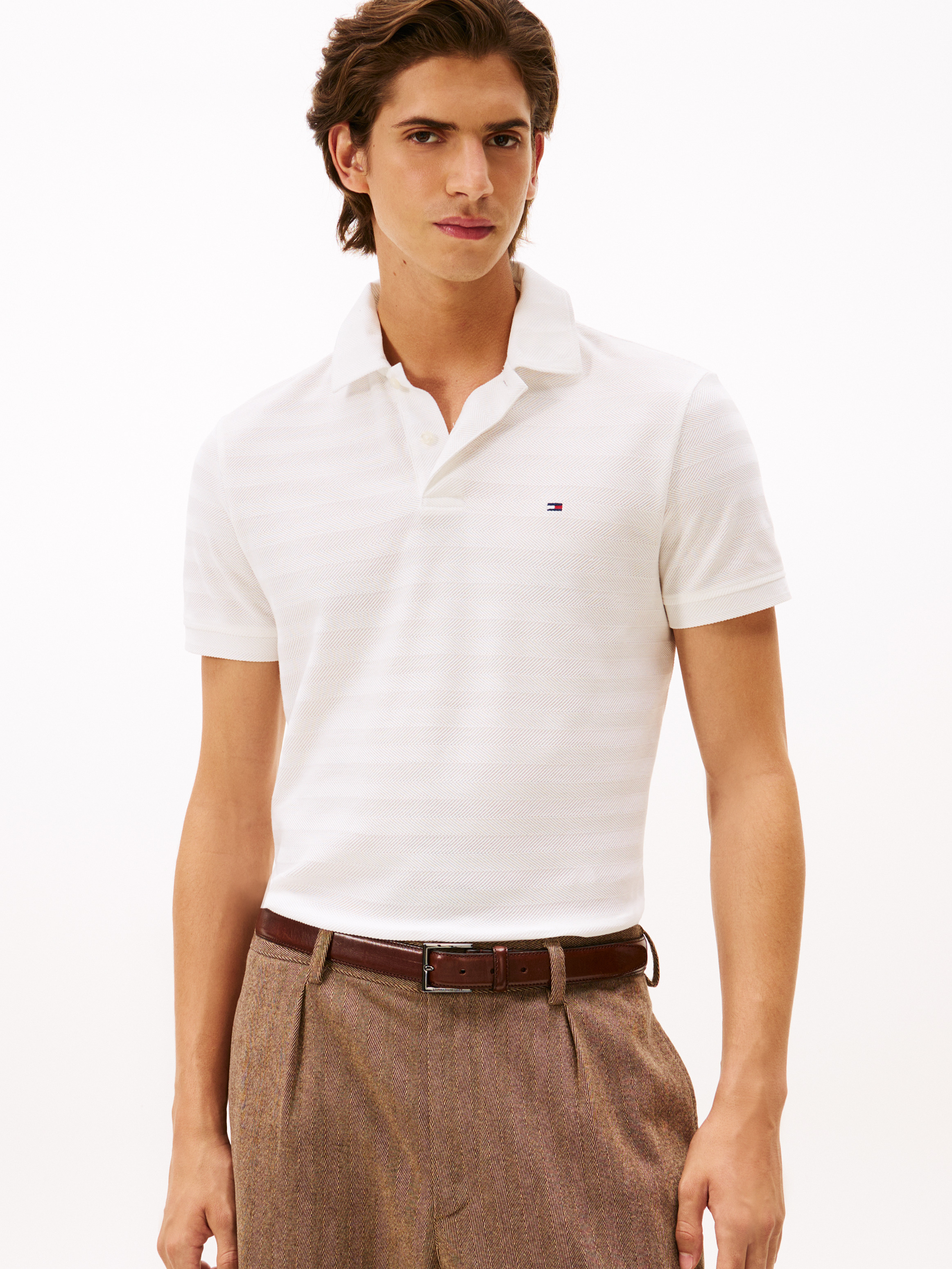 Herringbone Jacquard Polo Shirt — White