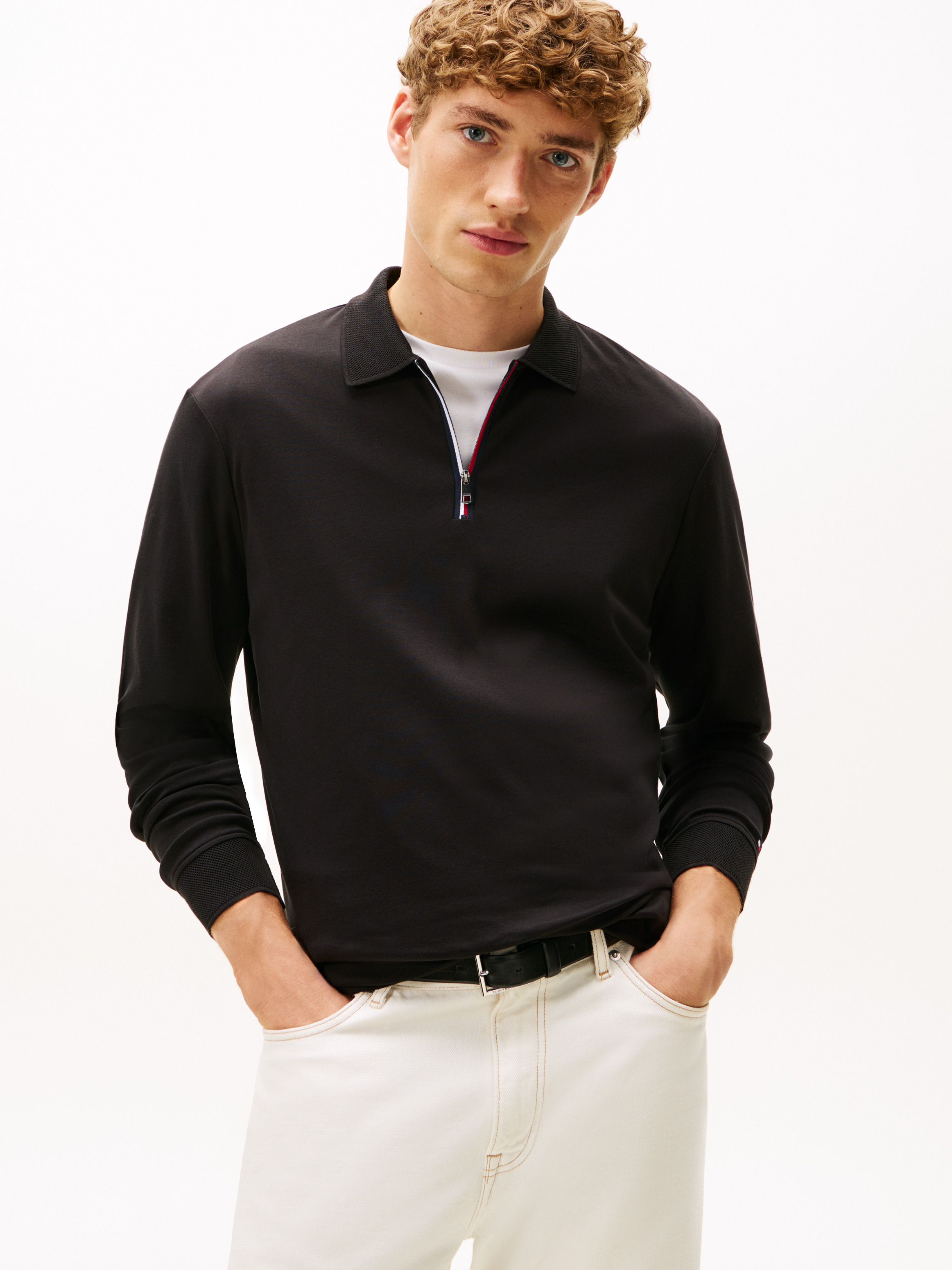 Interlock Zip Long Sleeve Polo Shirt — Black