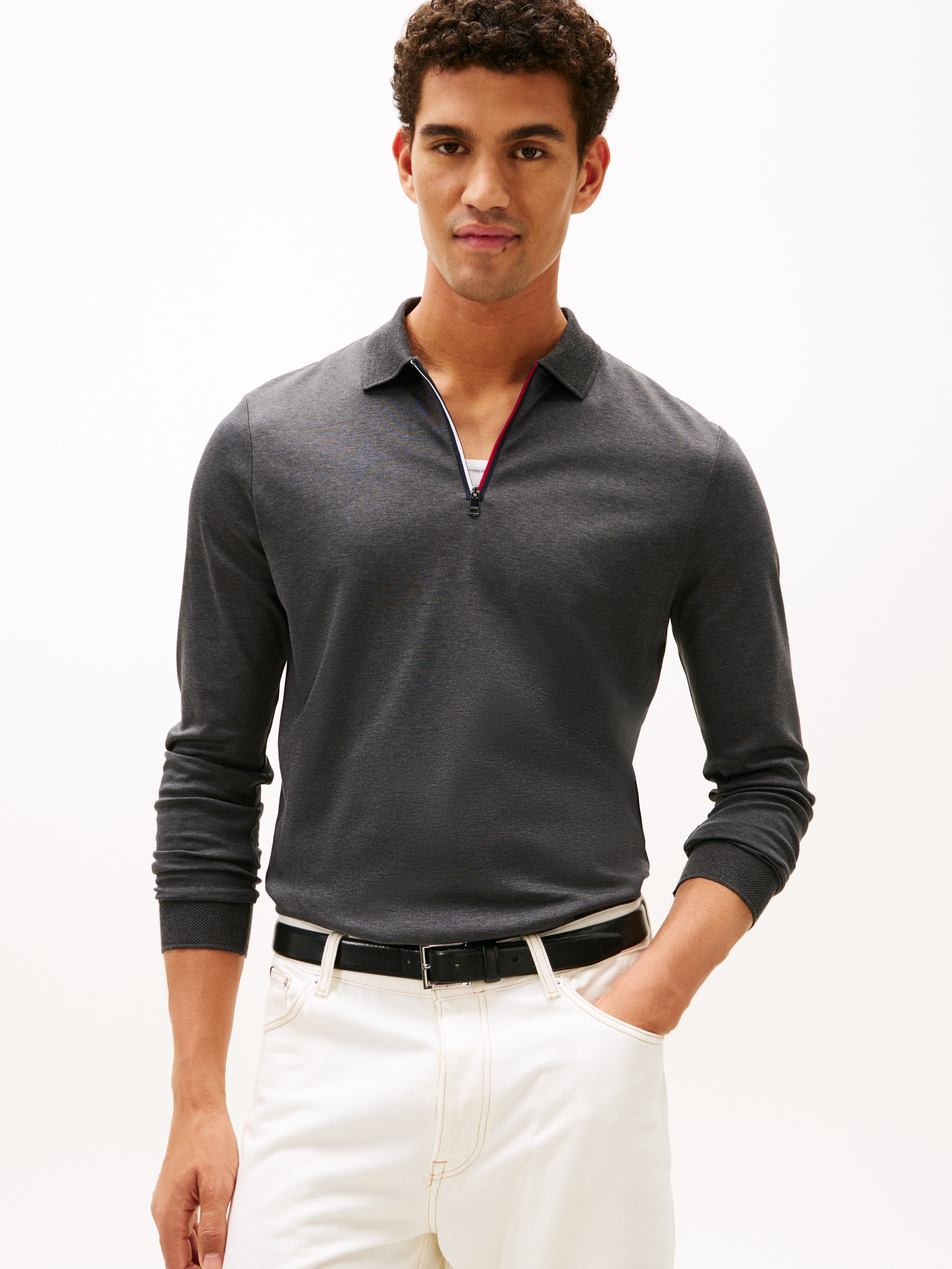Interlock Zip Long Sleeve Polo Shirt — Grey