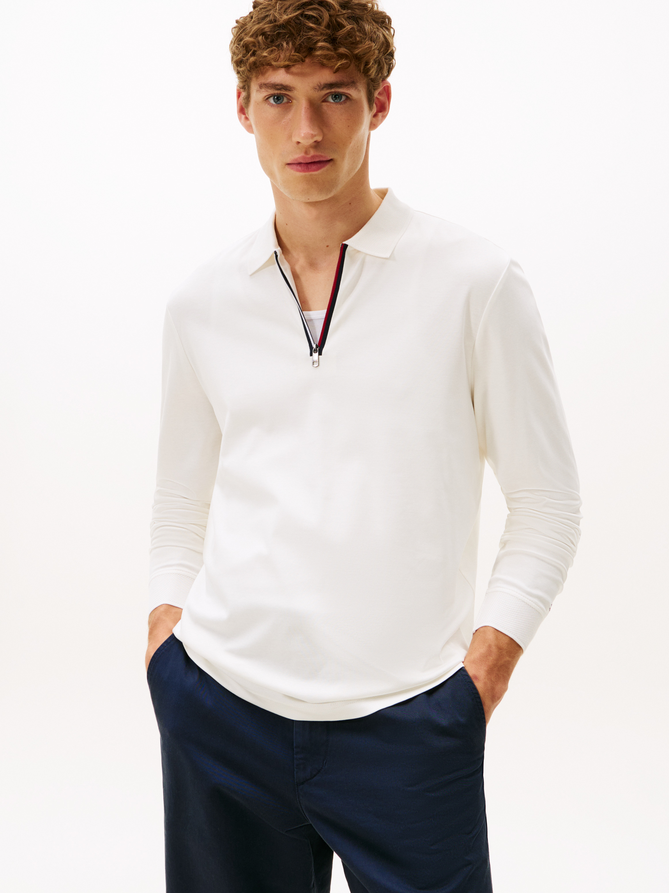 Interlock Zip Long Sleeve Polo Shirt — White
