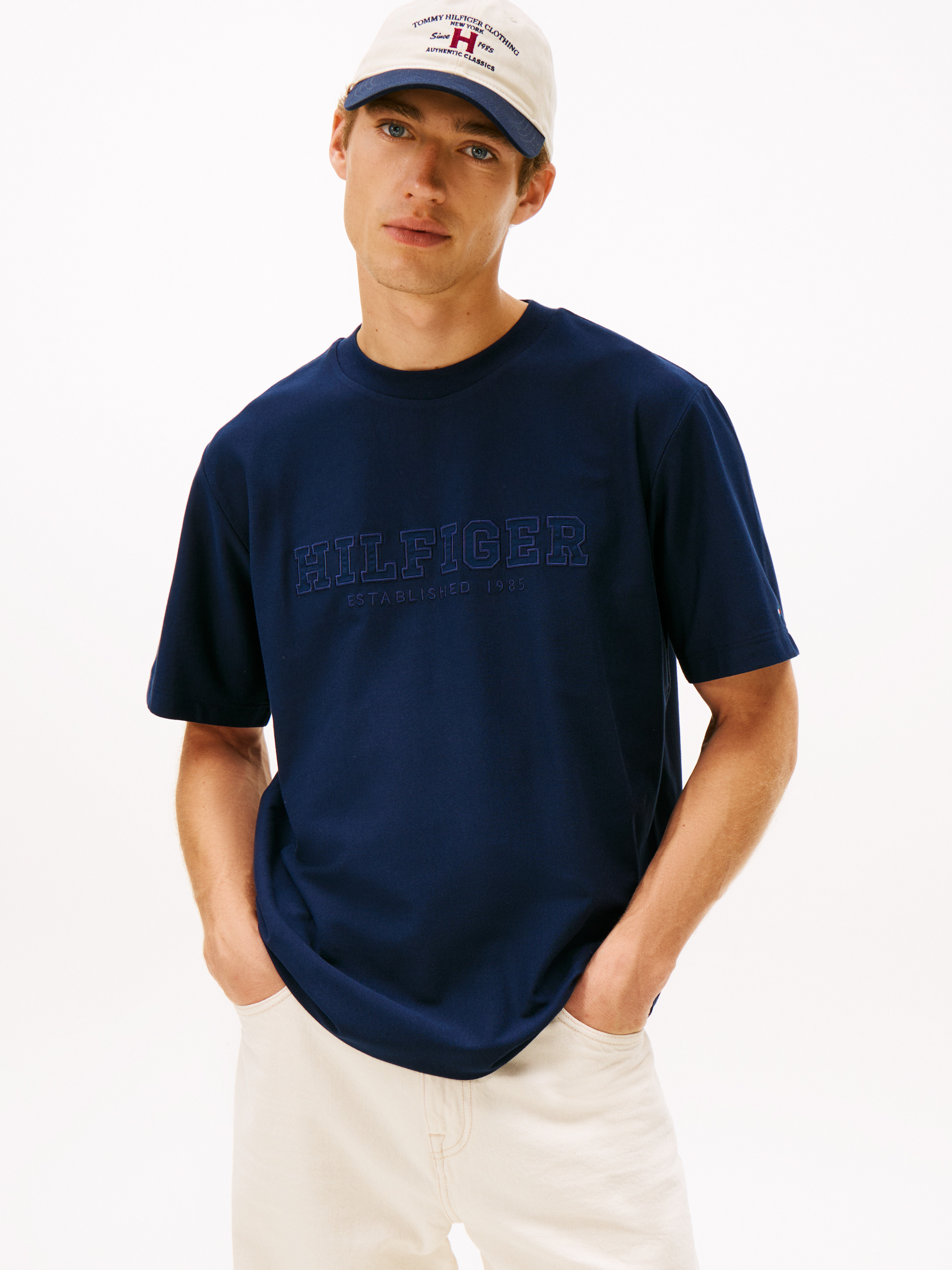 Logo Embroidery Relaxed Crew Neck T-Shirt — Blue