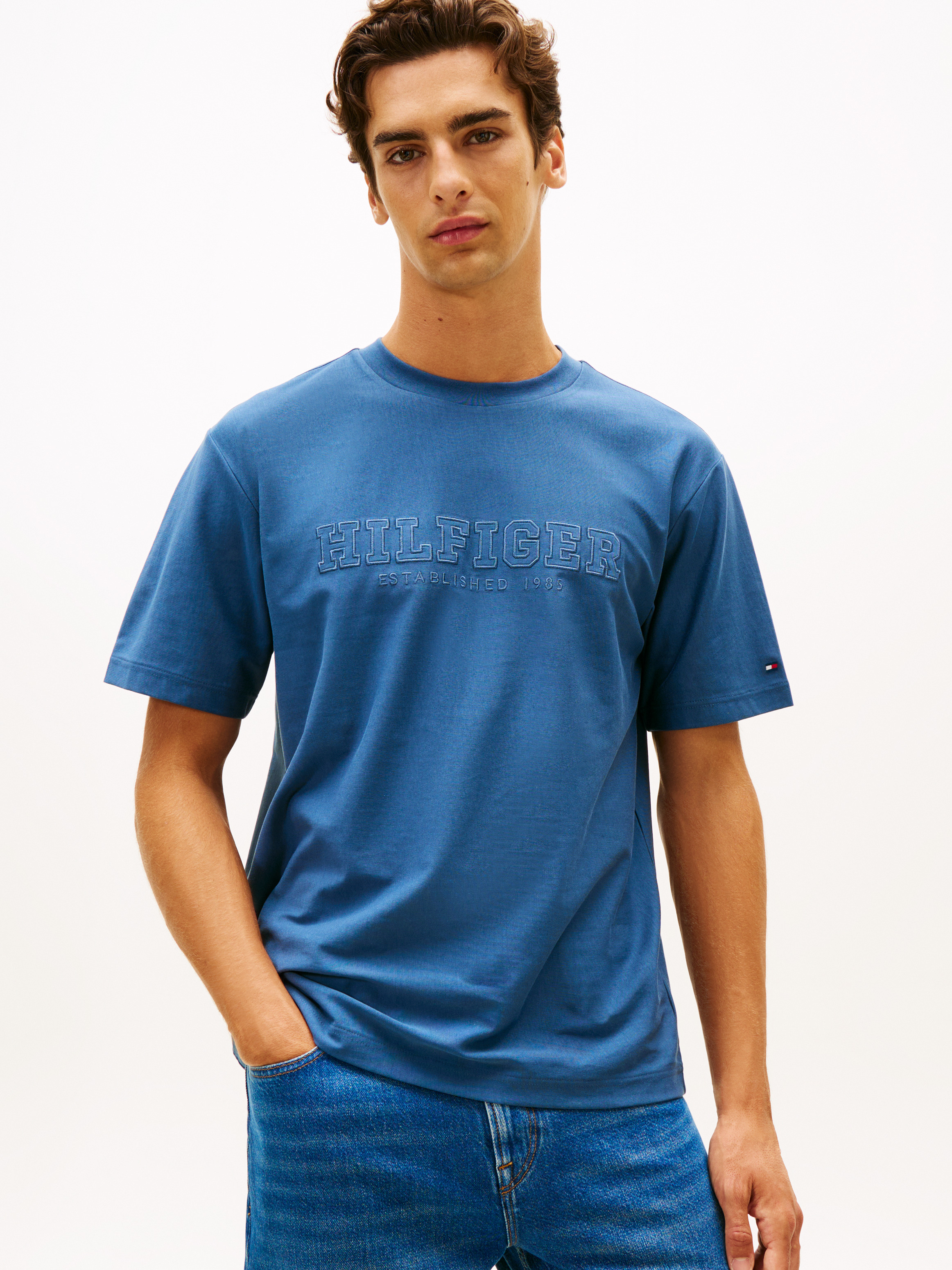 Logo Embroidery Relaxed Crew Neck T-Shirt — Blue