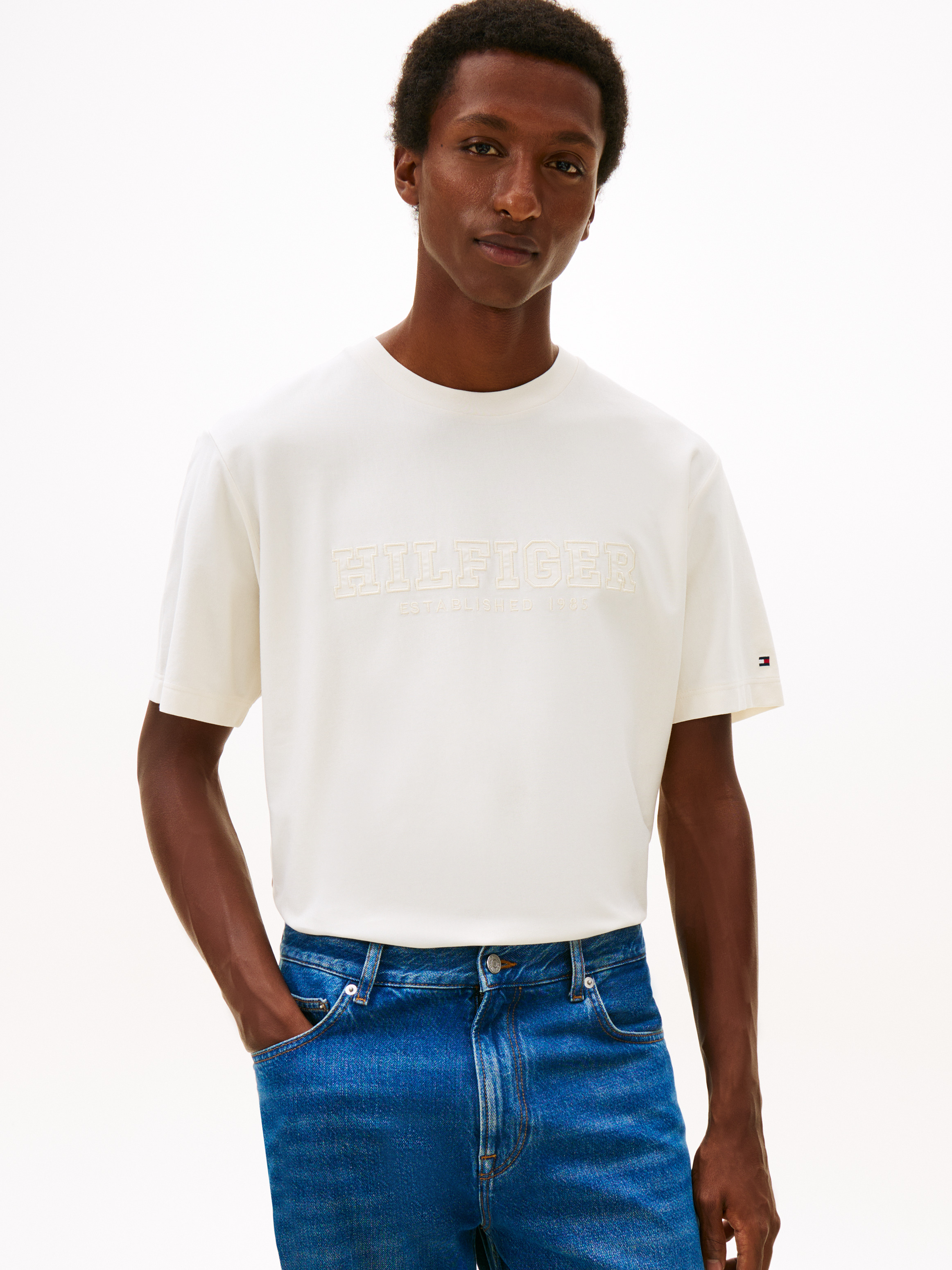 Logo Embroidery Relaxed Crew Neck T-Shirt — Ivory Petal