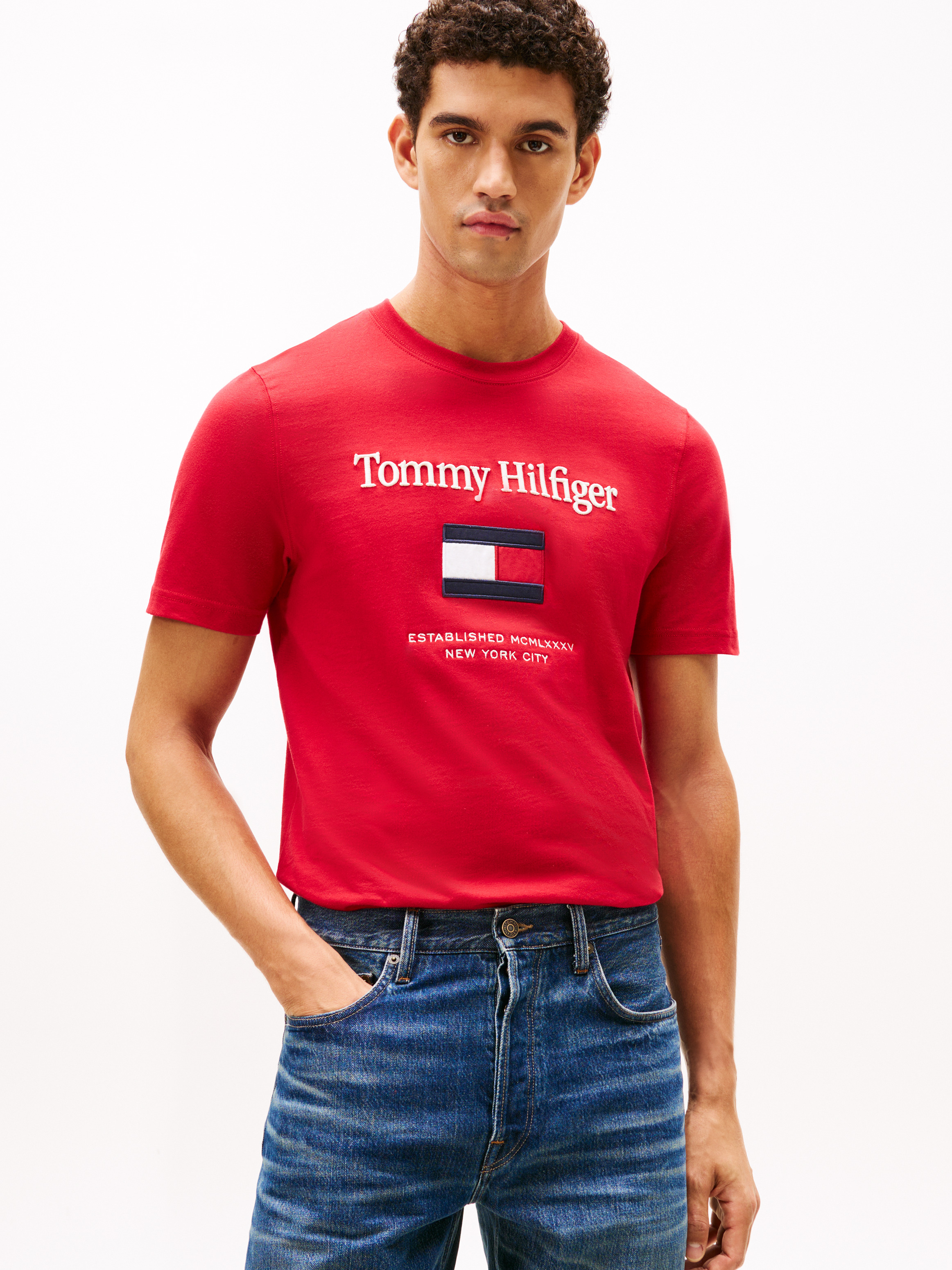Logo Embroidery Crew Neck T-Shirt — RED