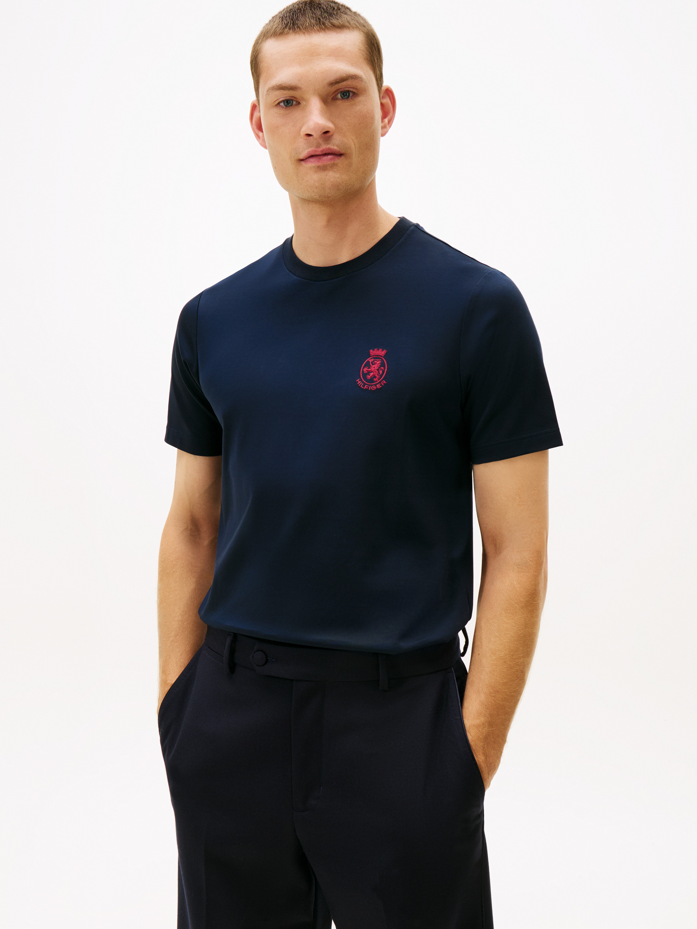 TH Crest Embroidery Interlock Knit T-Shirt — Blue