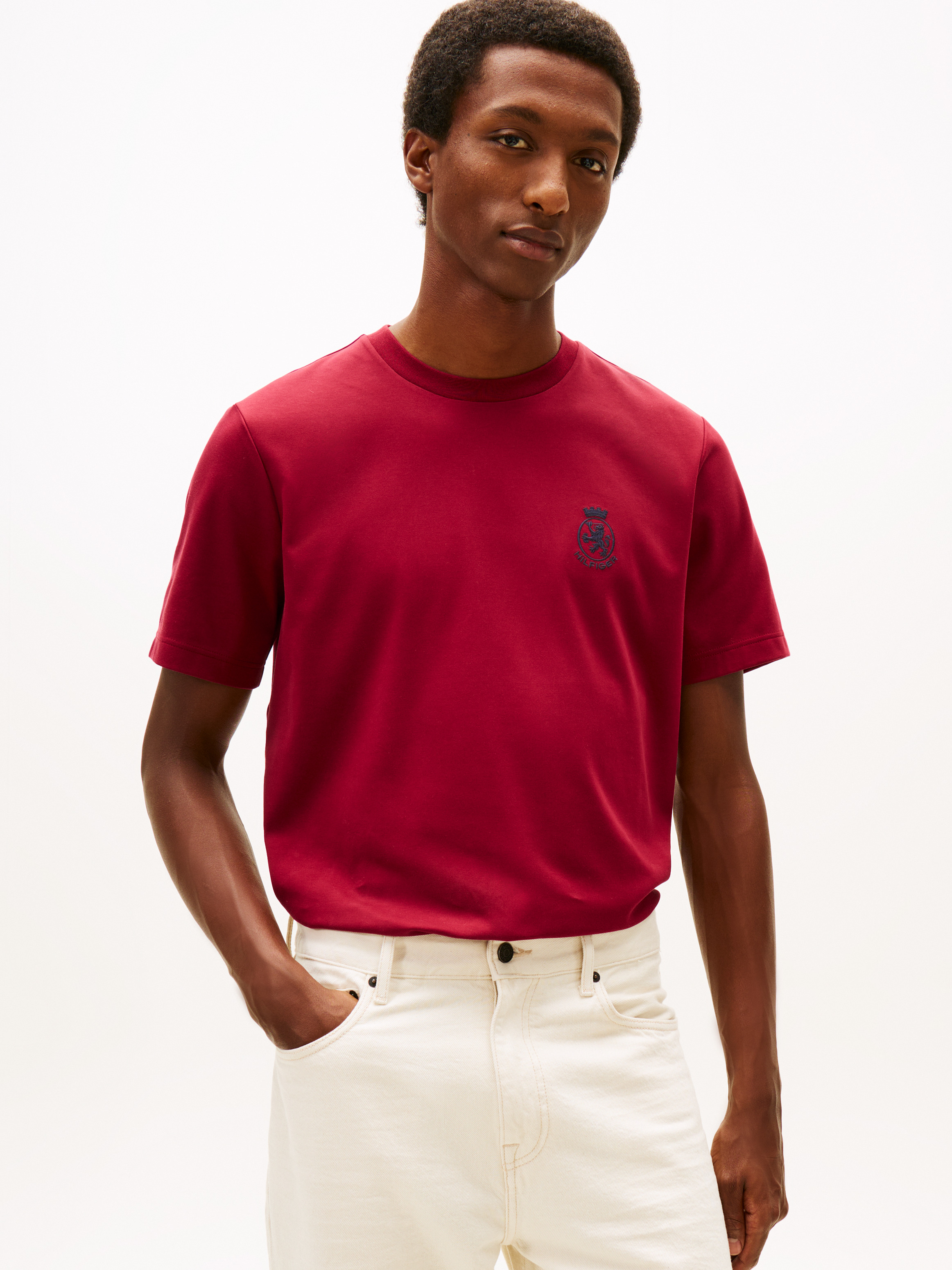 TH Crest Embroidery Interlock Knit T-Shirt — RED