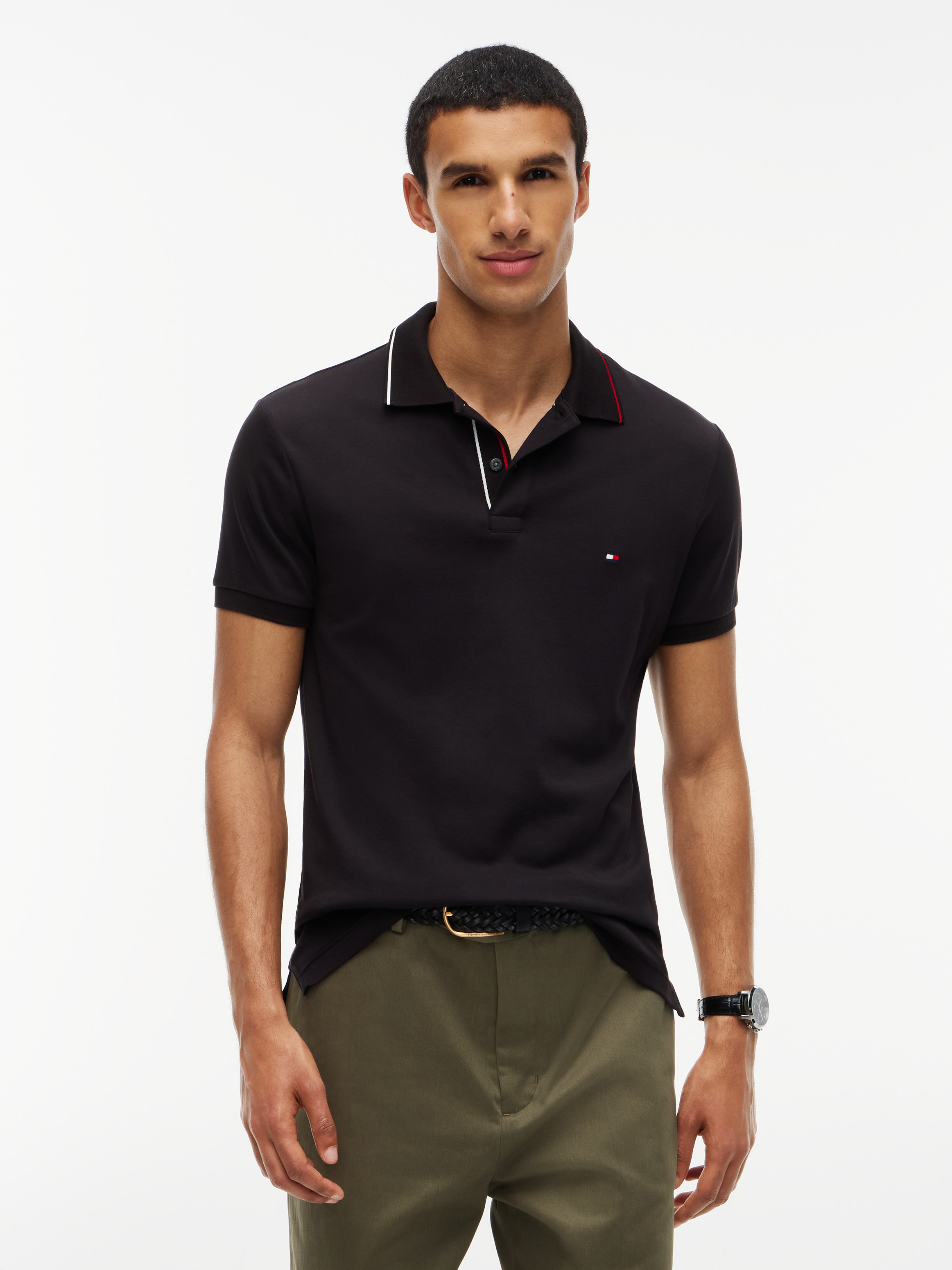 Slim Fit Fluid Cotton Polo Shirt — BLACK