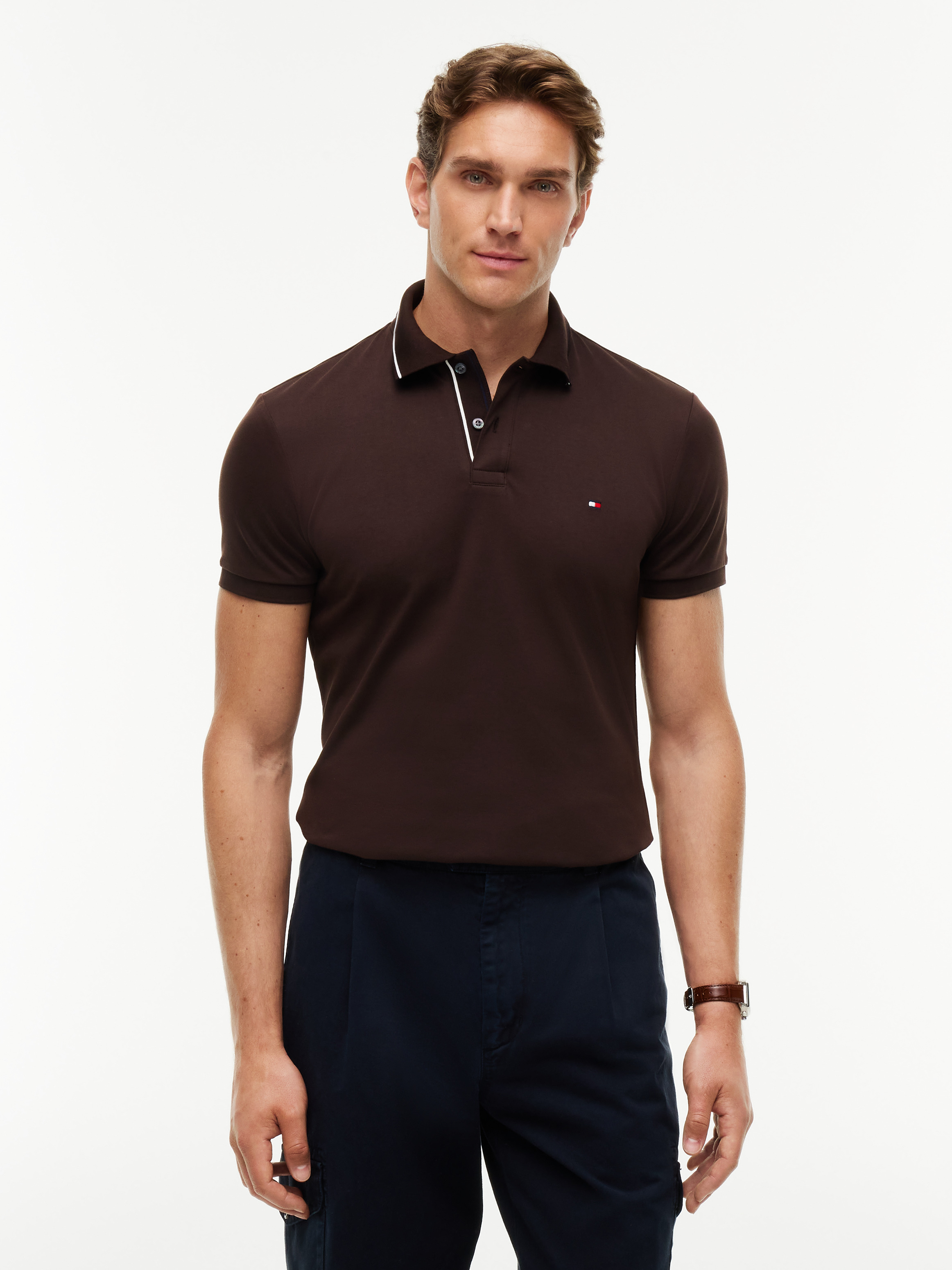 Slim Fit Fluid Cotton Polo Shirt — Brown