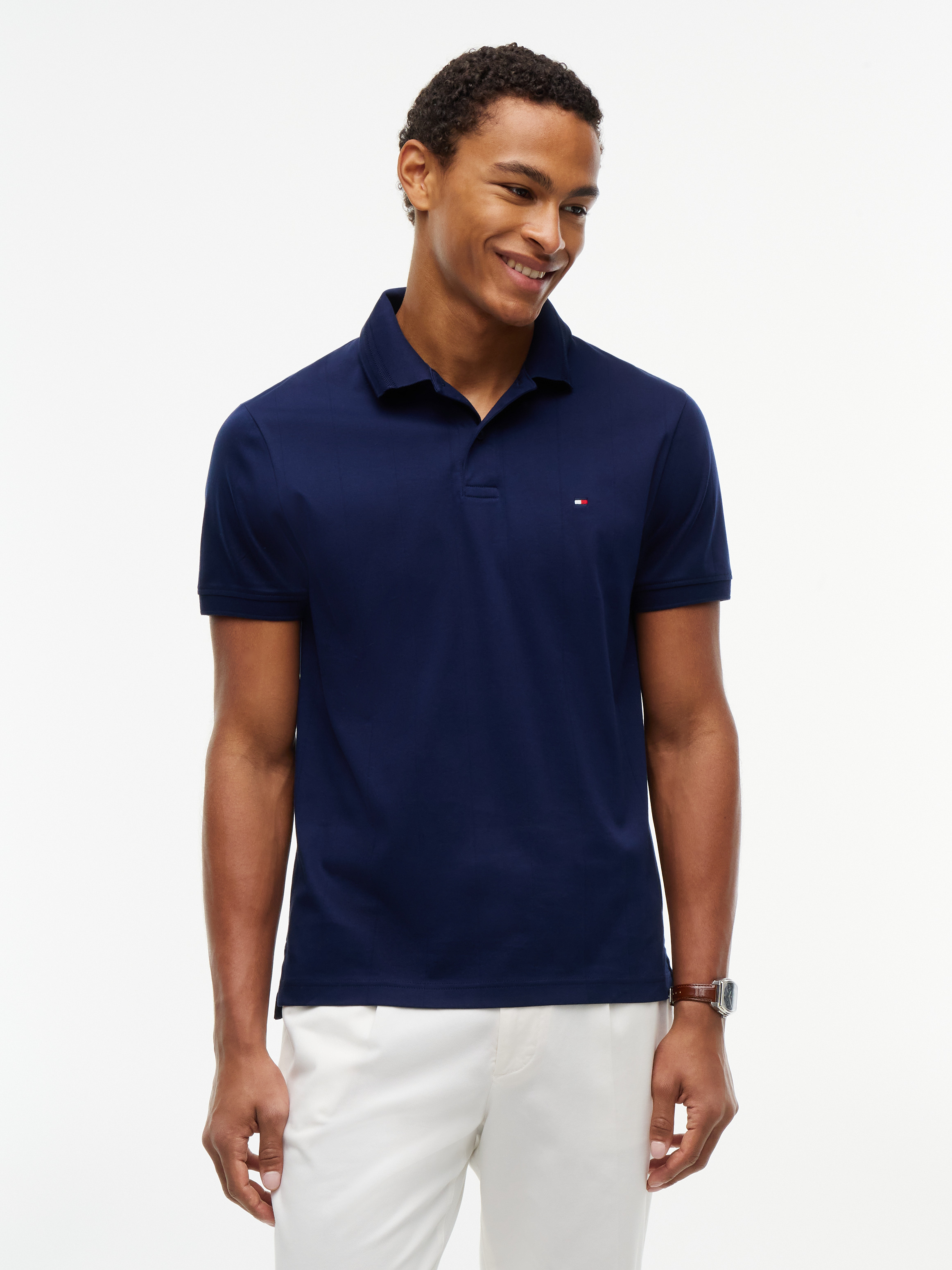 Regular Fit Chevron Knit Stripe Polo Shirt — Navy