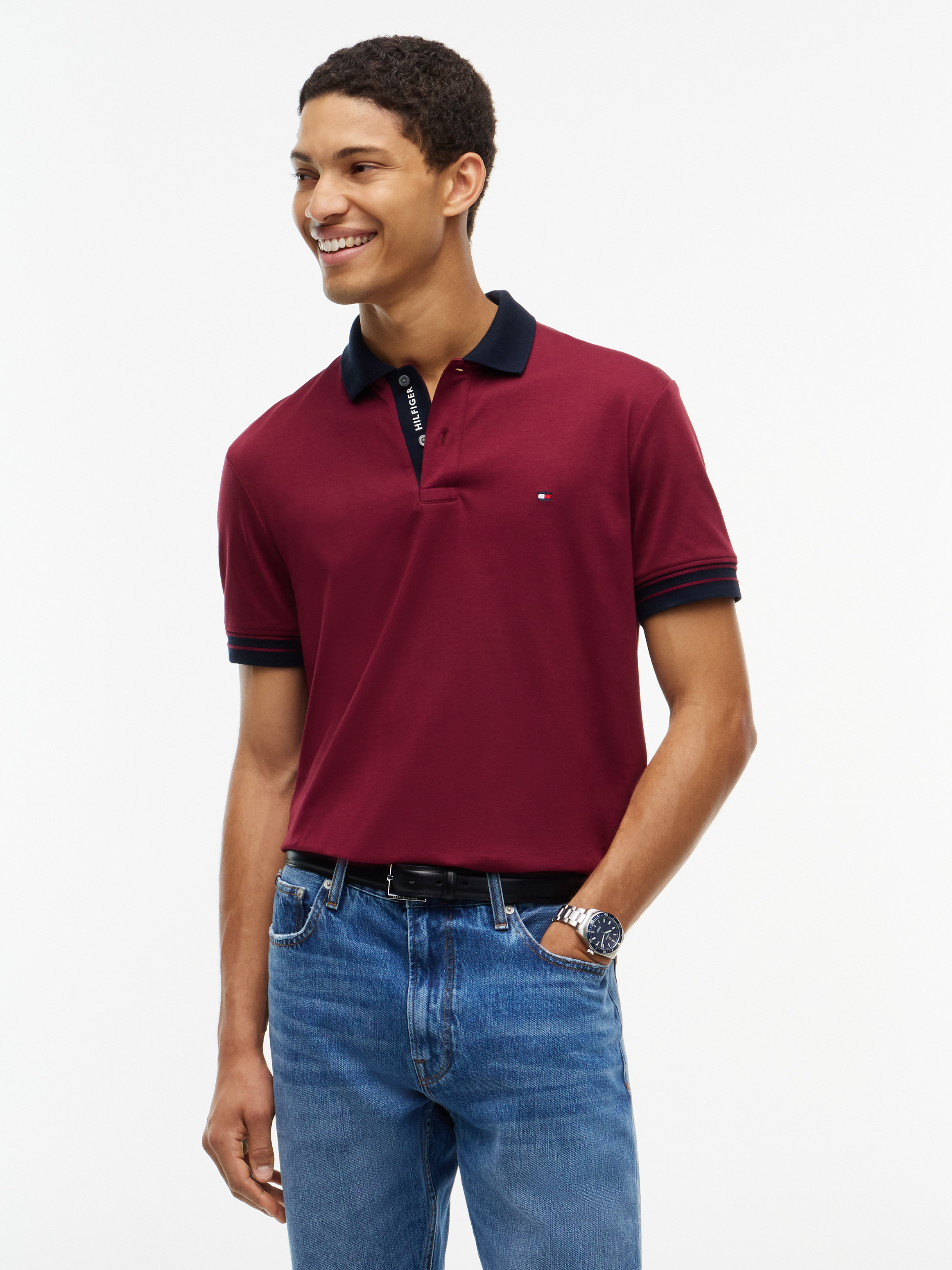 Regular Fit Interlock Contrast Polo Shirt — Burgundy