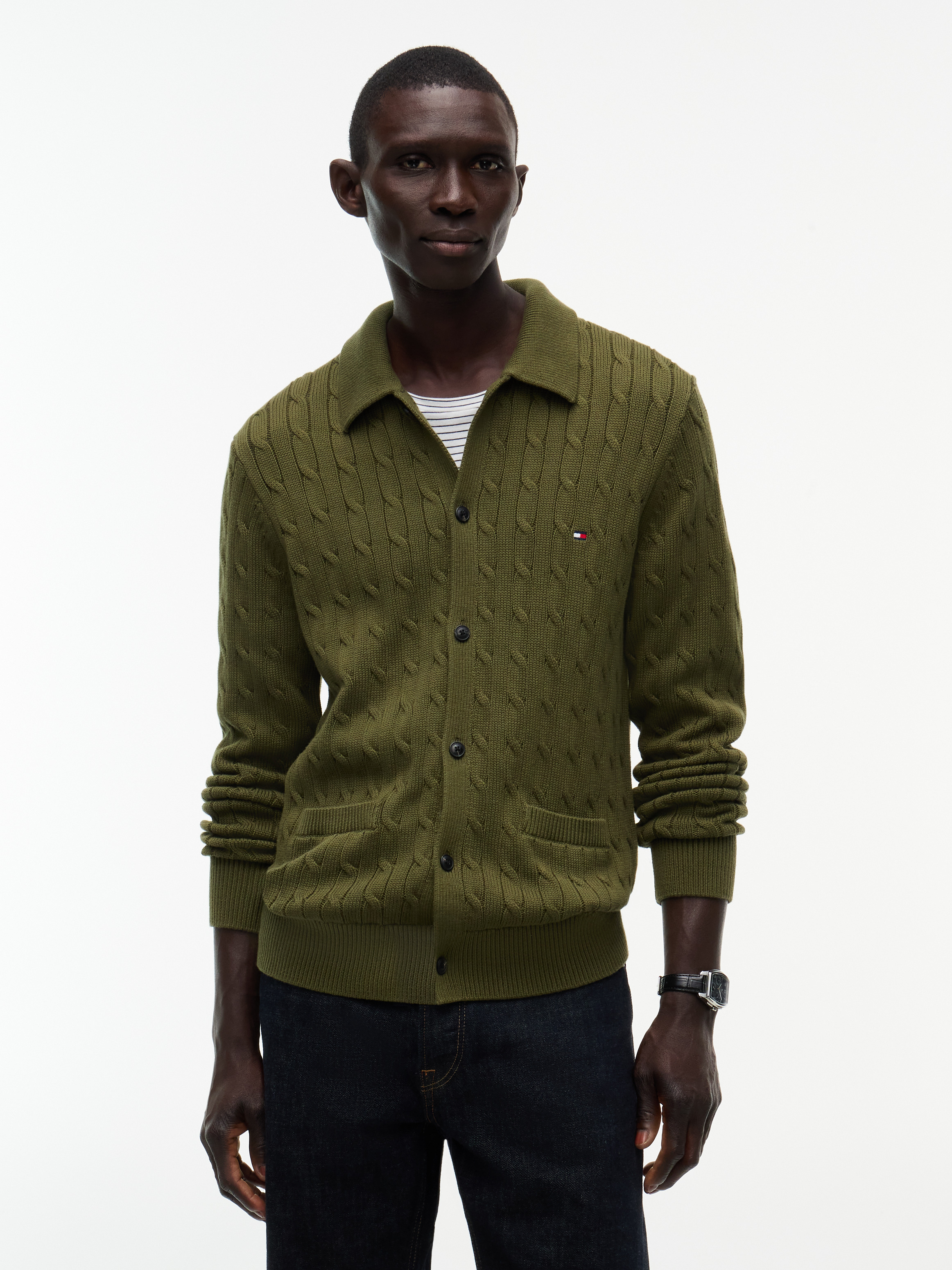 Cable Knit Collared Cardigan — Green