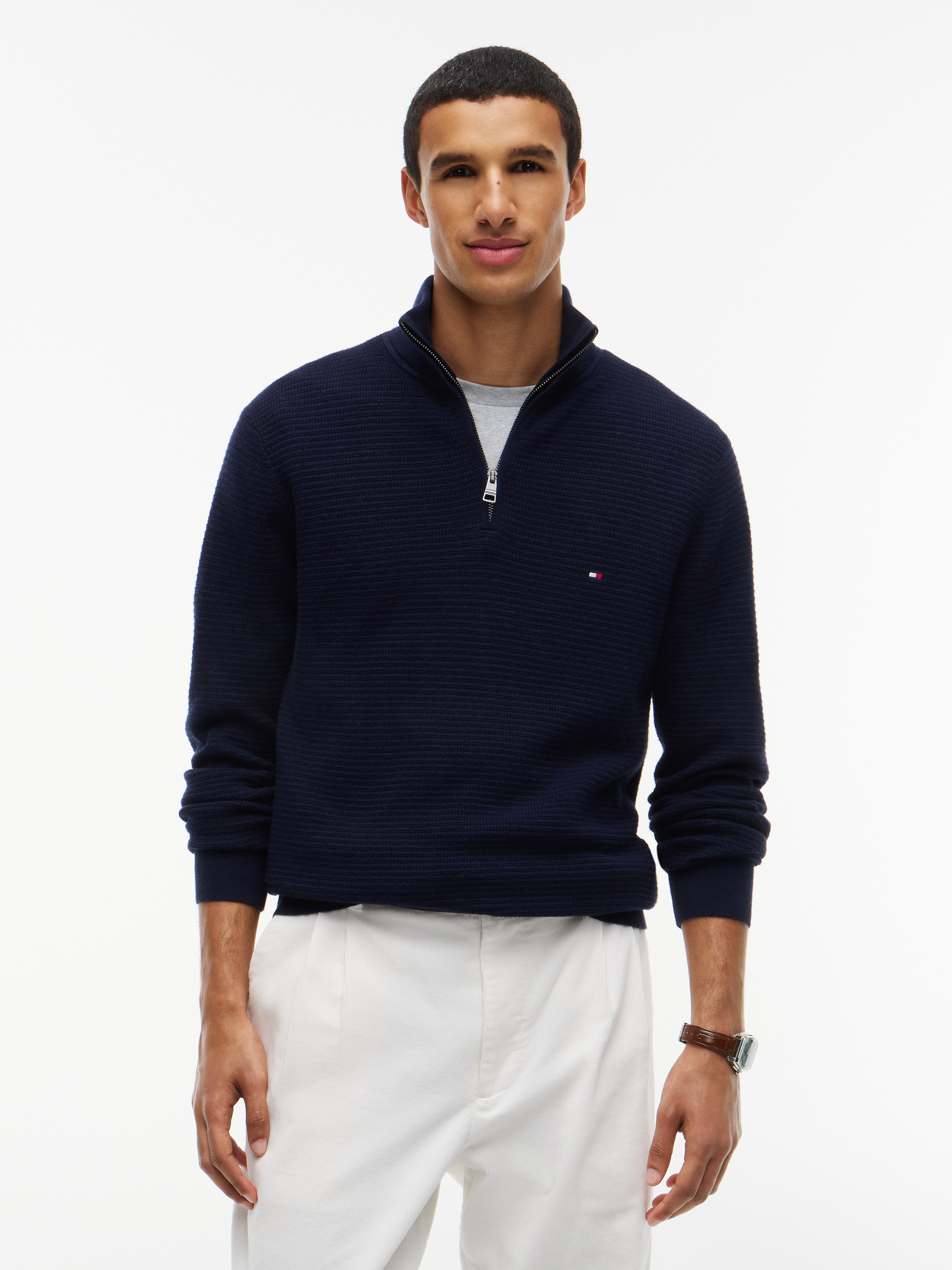 Textured Quarter-Zip Mock Neck Jumper With Cashmere — Navy