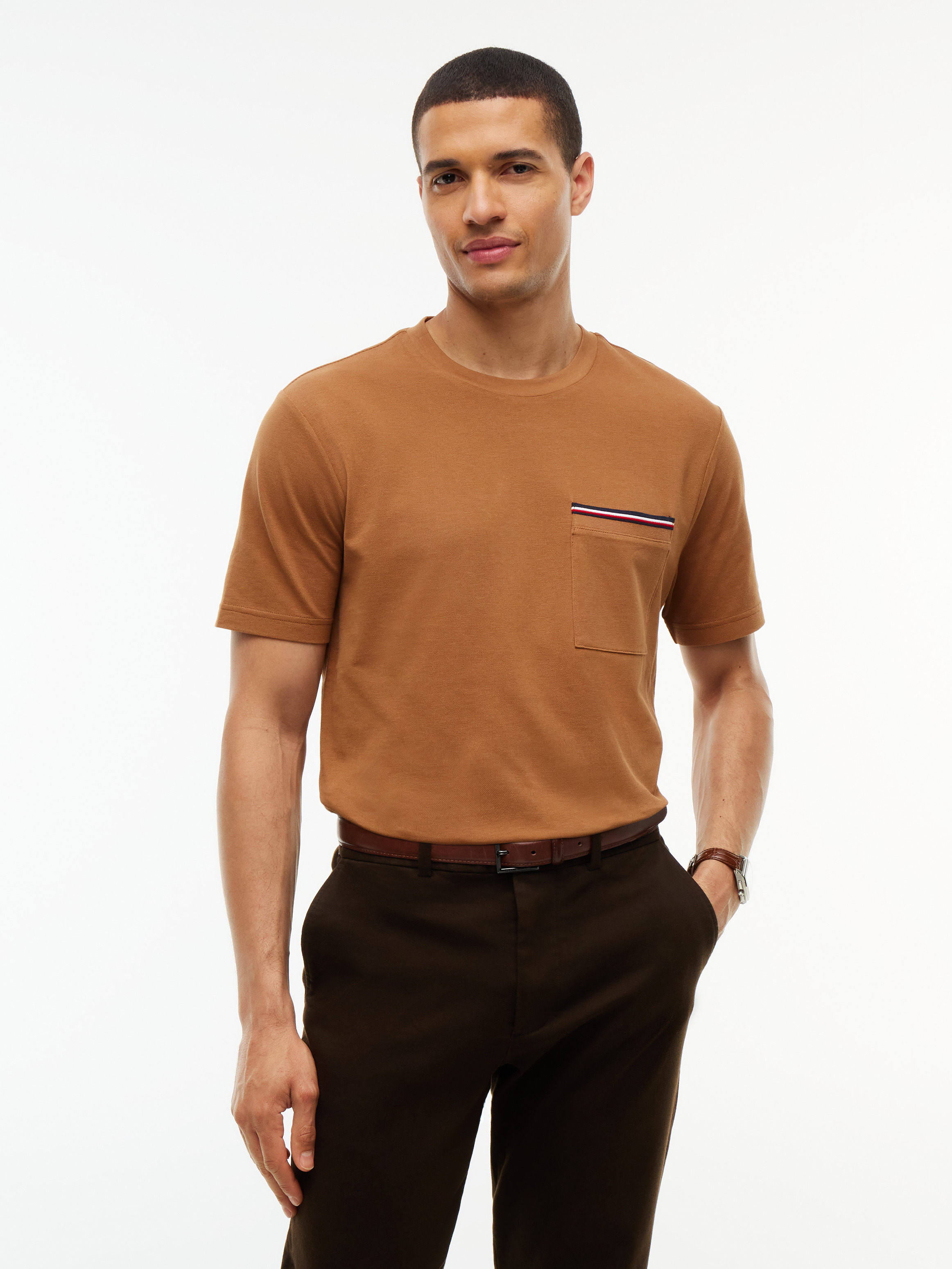 Global Stripe Pocket Pique T-Shirt — Brown