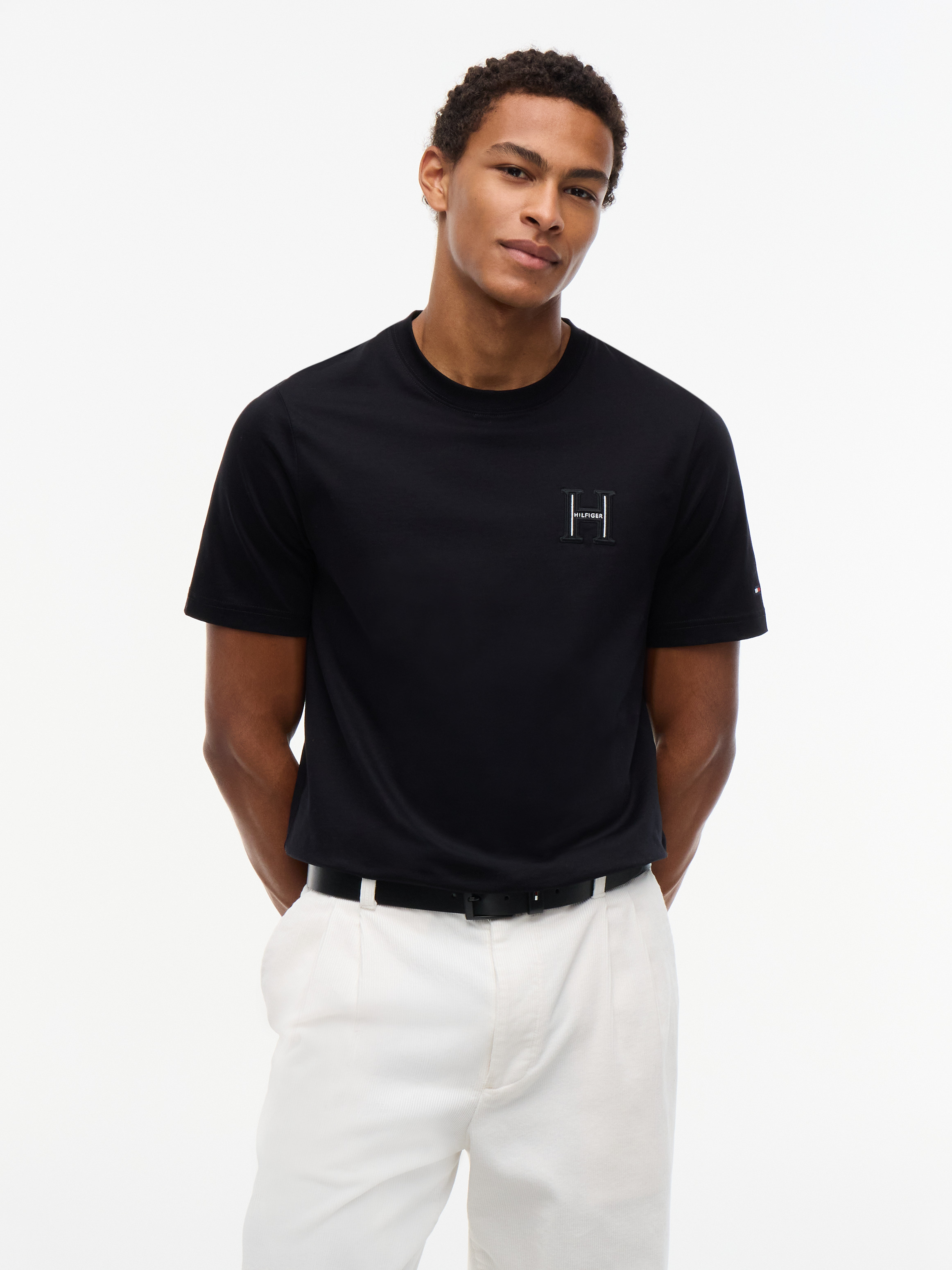Varsity Logo Embroidery Crew Neck T-Shirt — BLACK