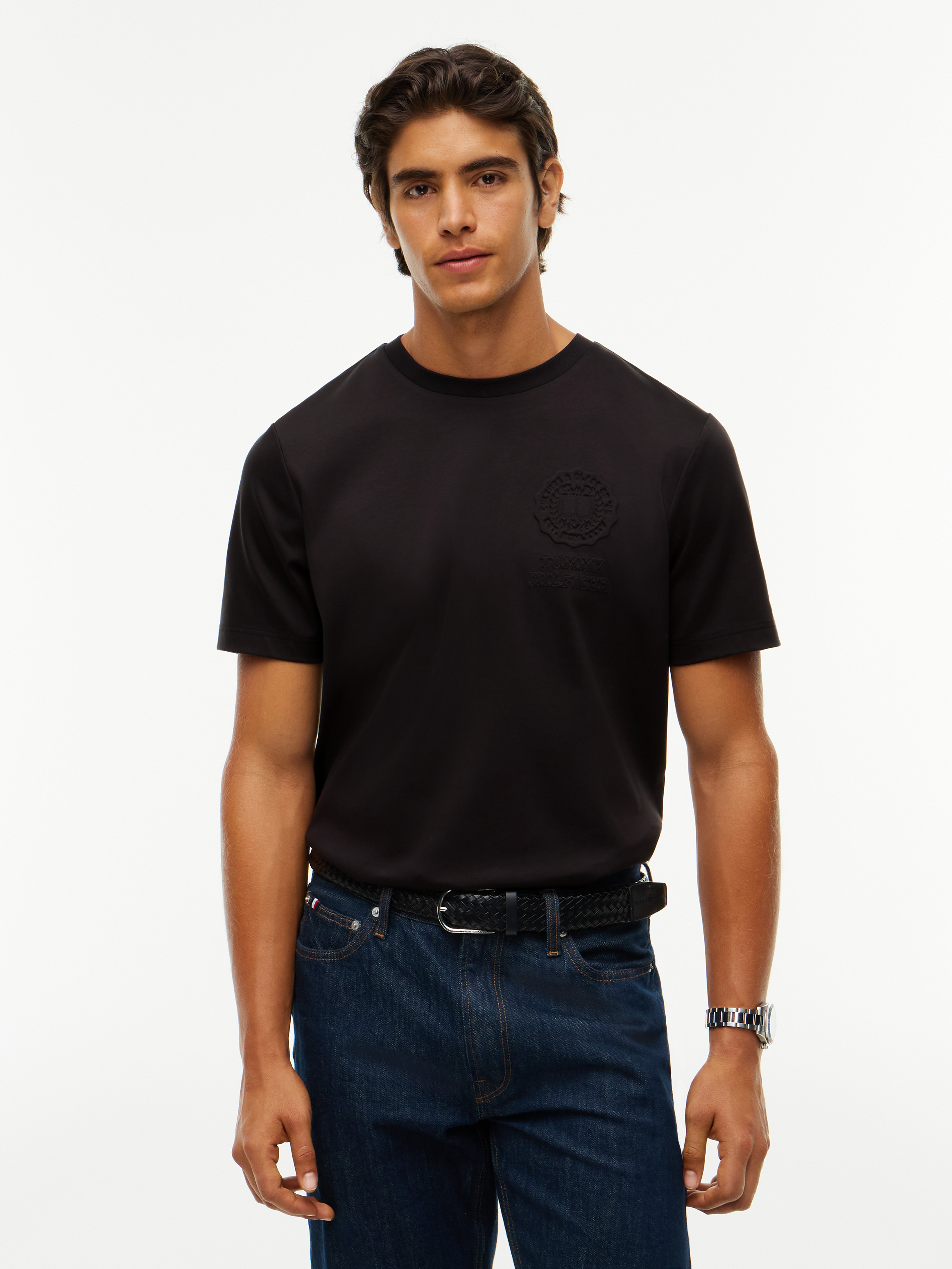 Embossed Logo Interlock Knit T-Shirt — BLACK