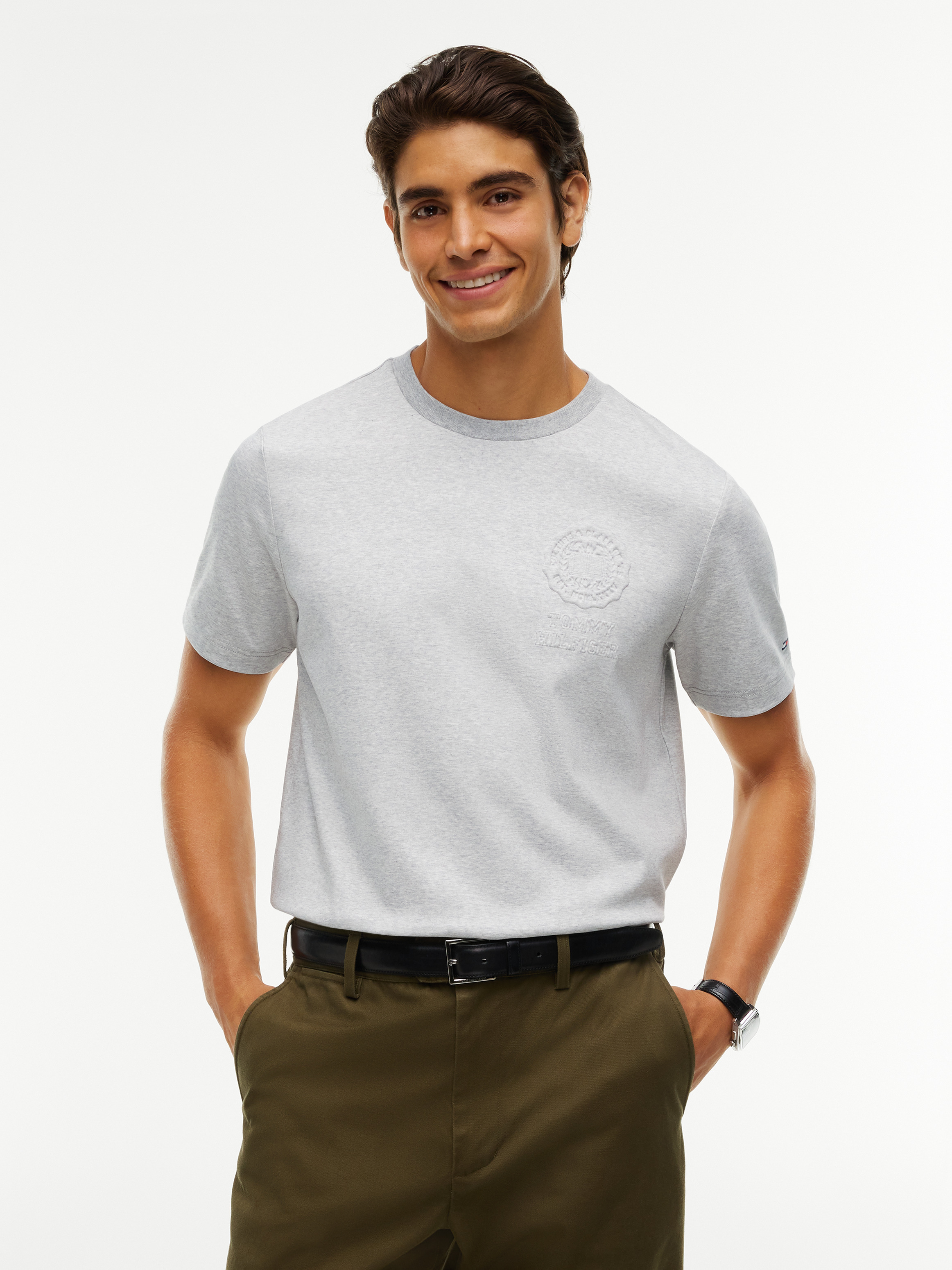 Embossed Logo Interlock Knit T-Shirt — LIGHT GREY HEATHER