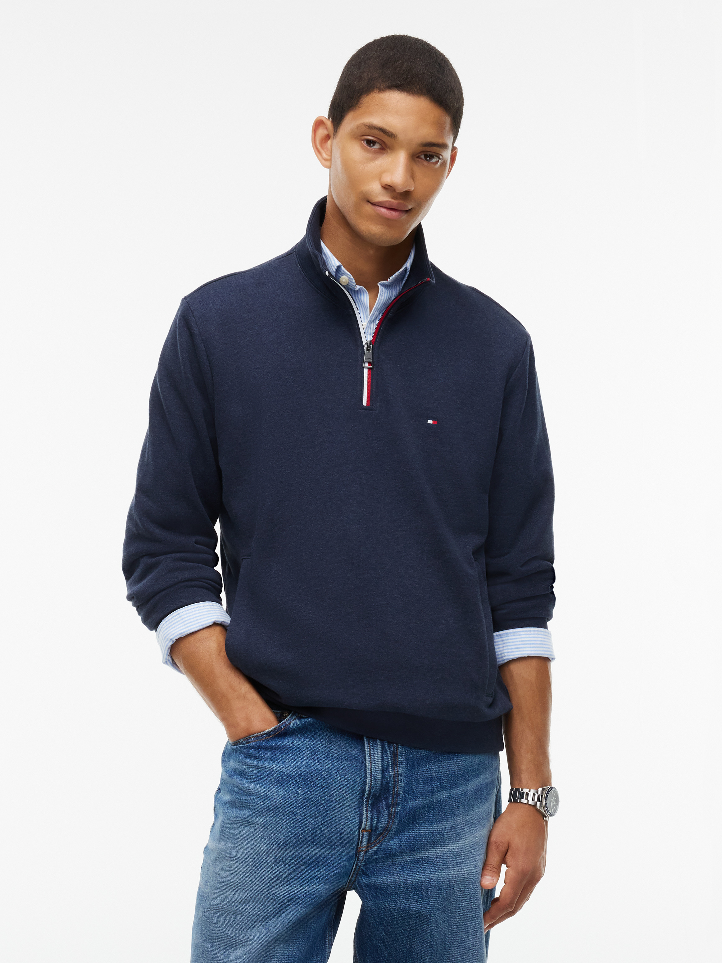 Global Stripe Terry Quarter-Zip Sweatshirt — Navy Blue Heather