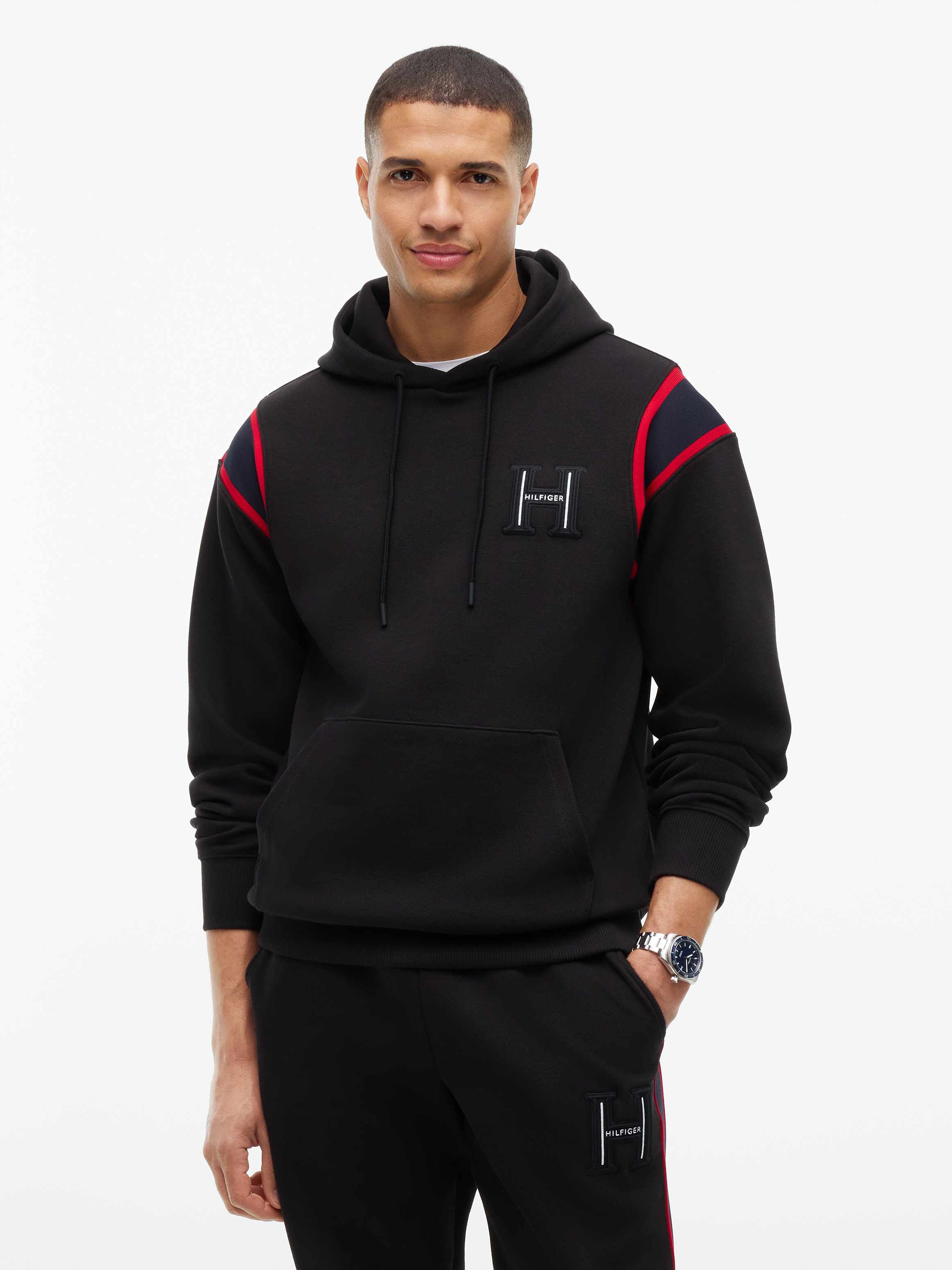 Varsity Logo Contrast Stripe Hoody — Black