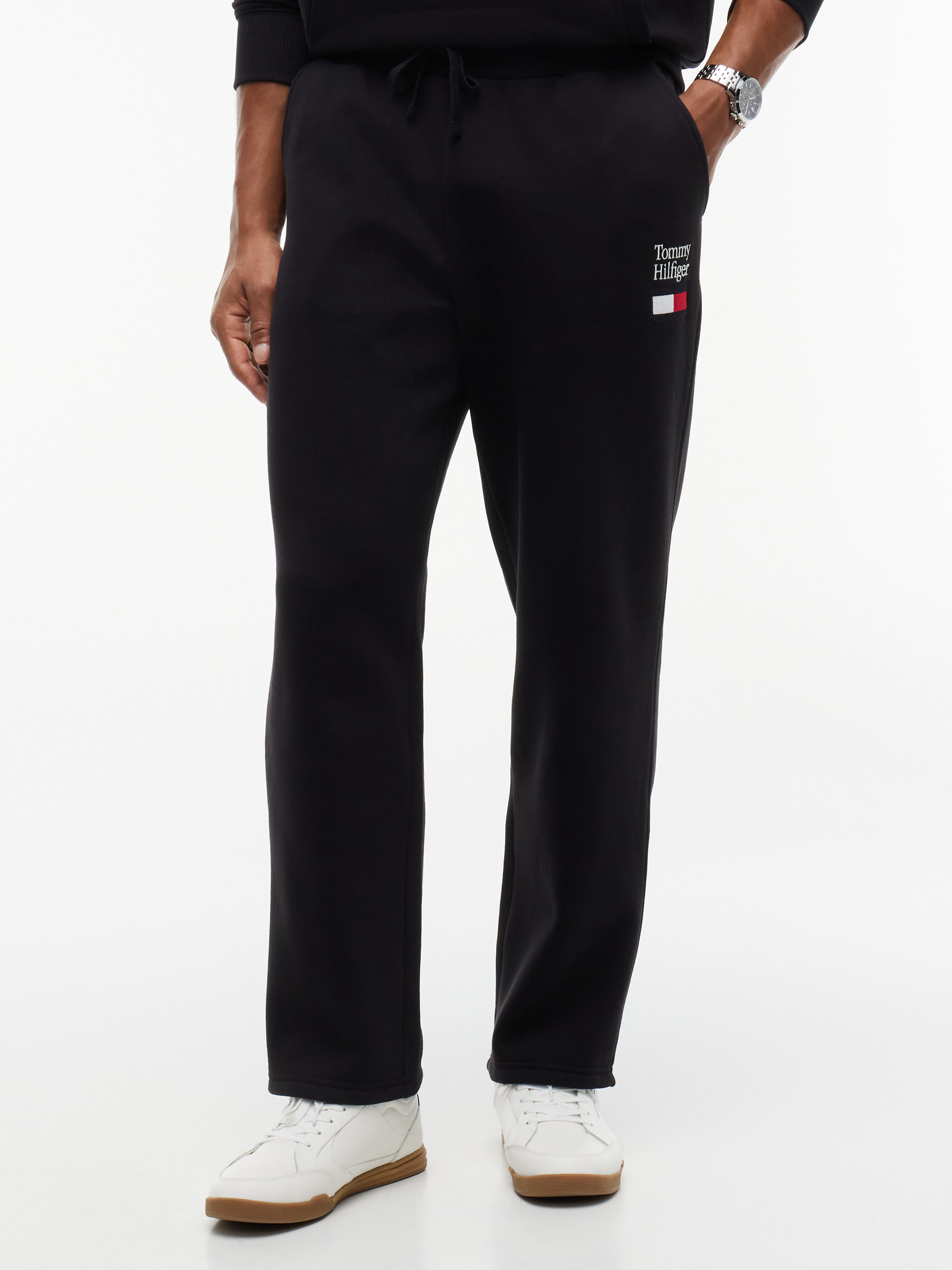 Logo Embroidery Fleece Drawstring Joggers — Black