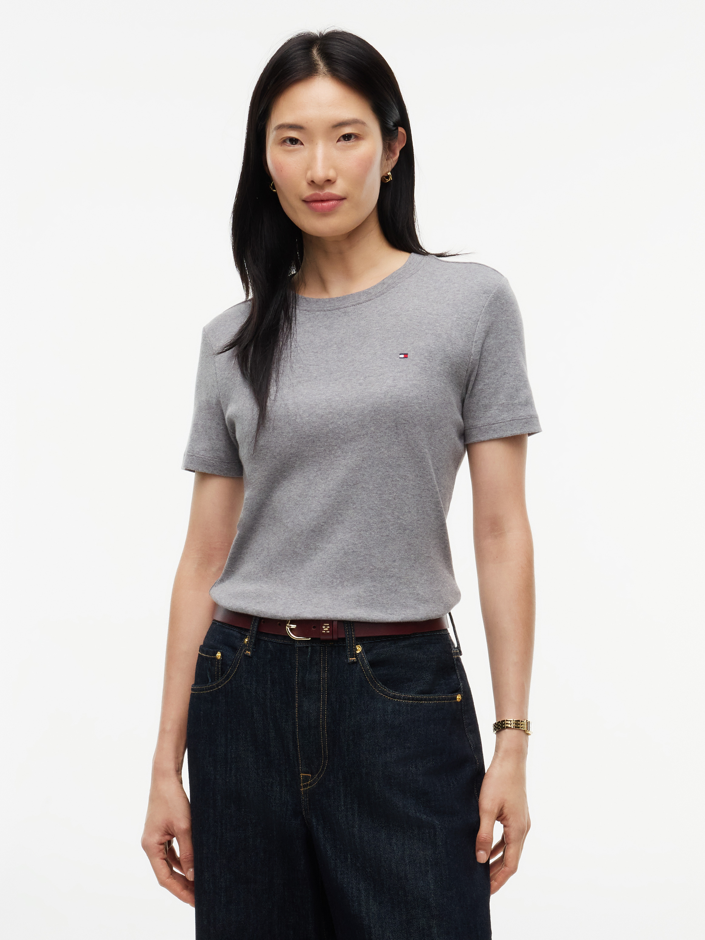 Flag Embroidery Slim Crew Neck T-Shirt — GREY
