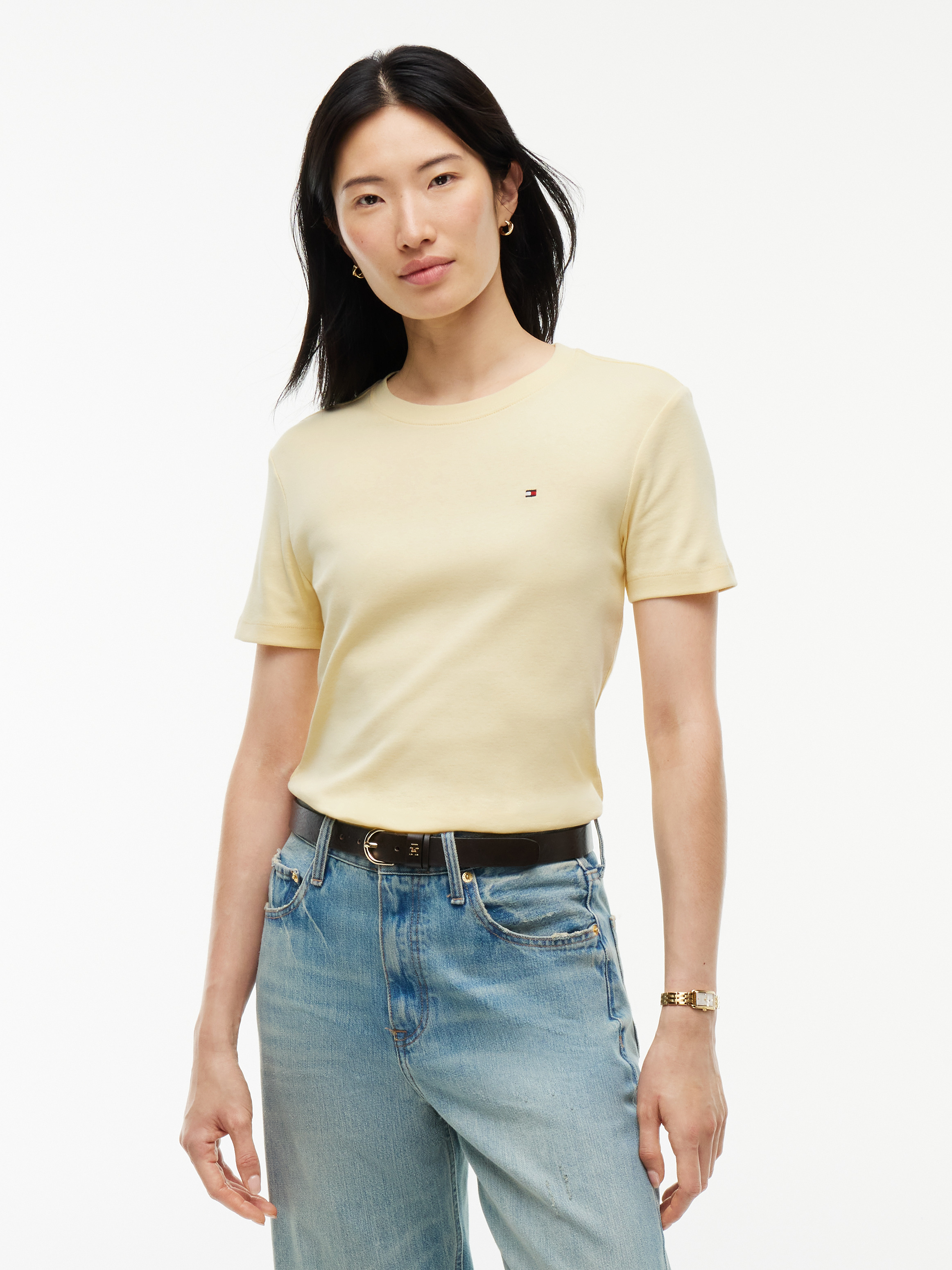 Flag Embroidery Slim Crew Neck T-Shirt — Yellow