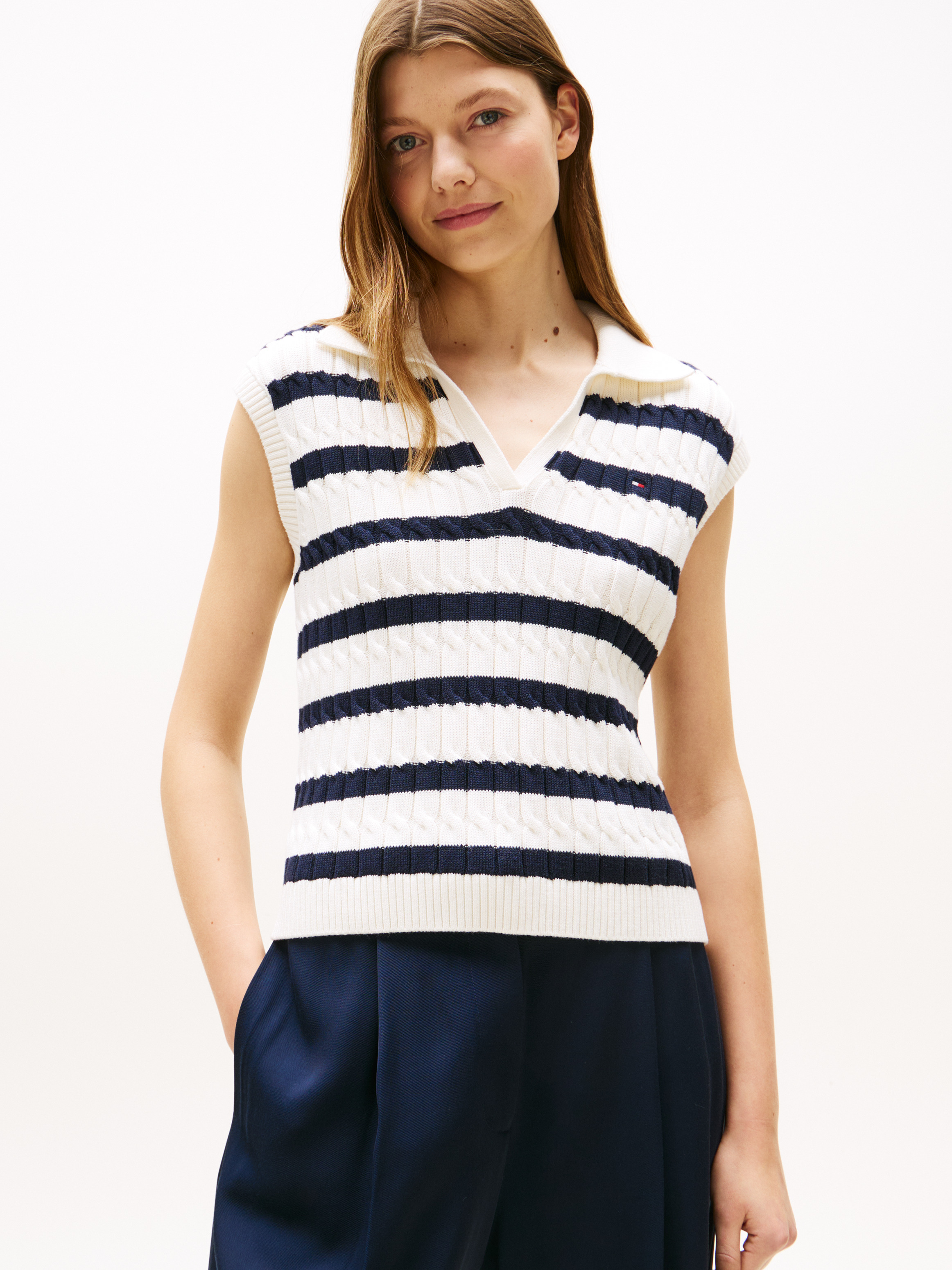 Cable Knit Sleeveless Polo Jumper