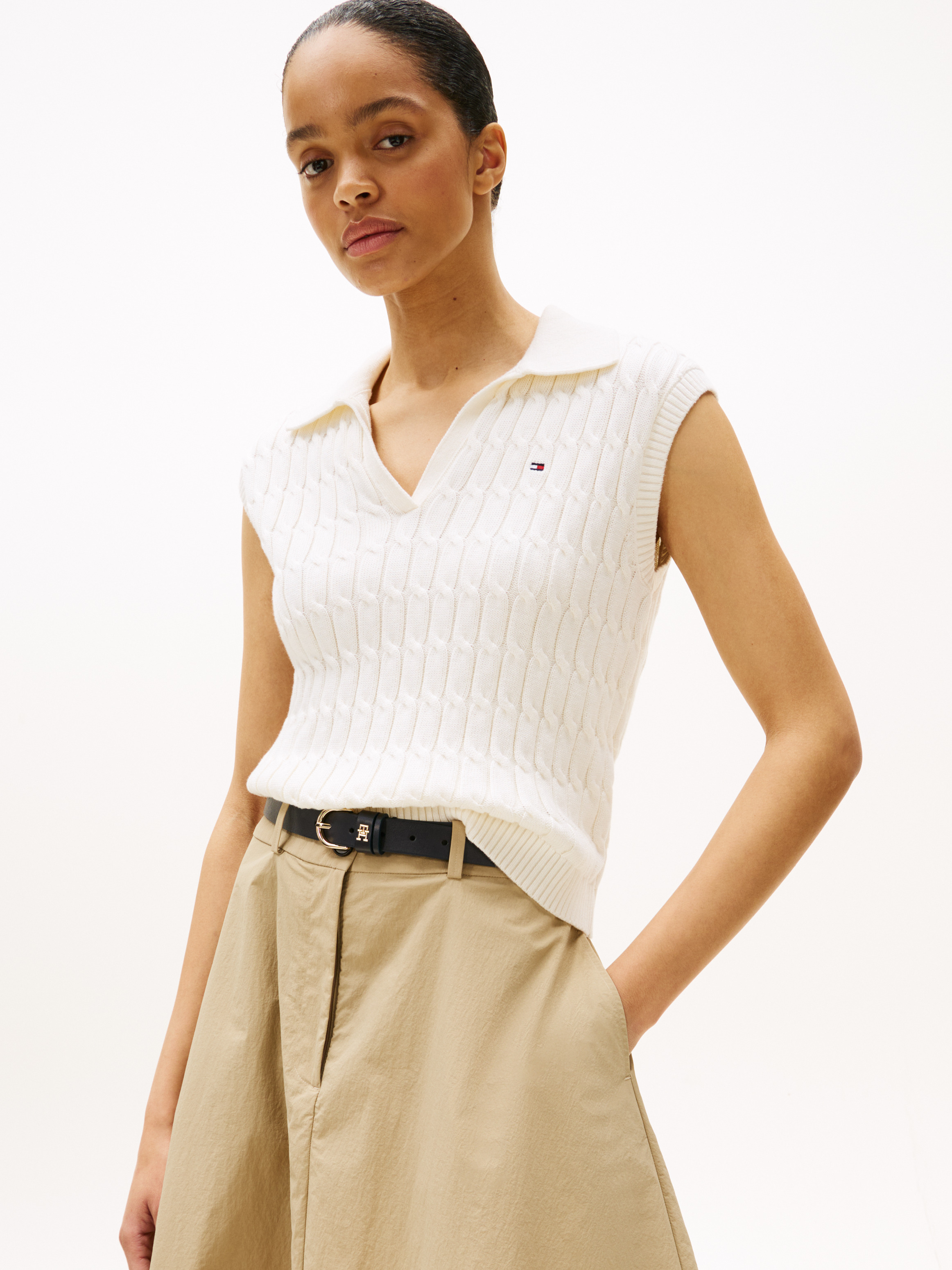 Cable Knit Sleeveless Polo Jumper
