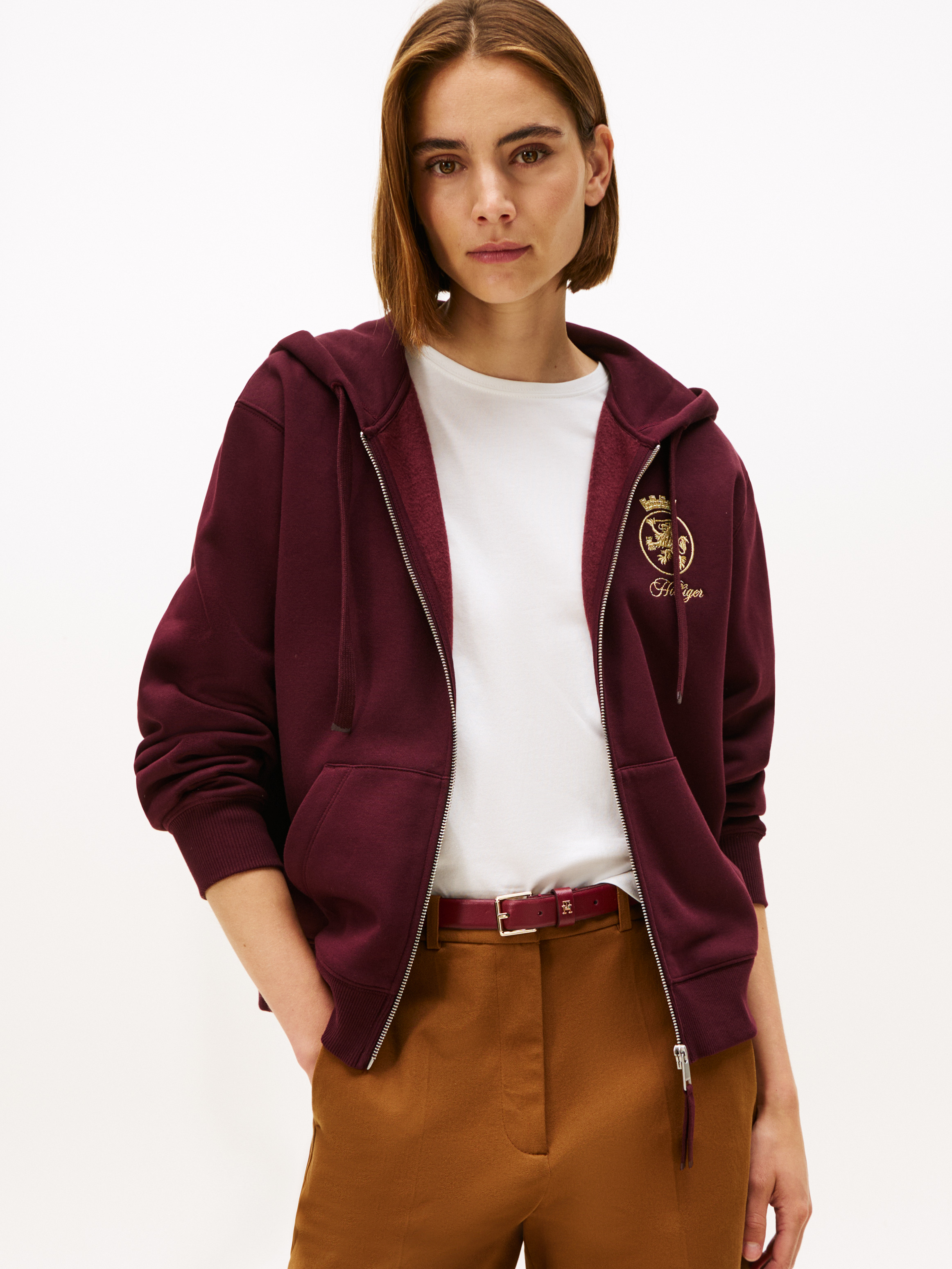 TH Crest Embroidery Gold-Tone Zip-Thru Hoody
