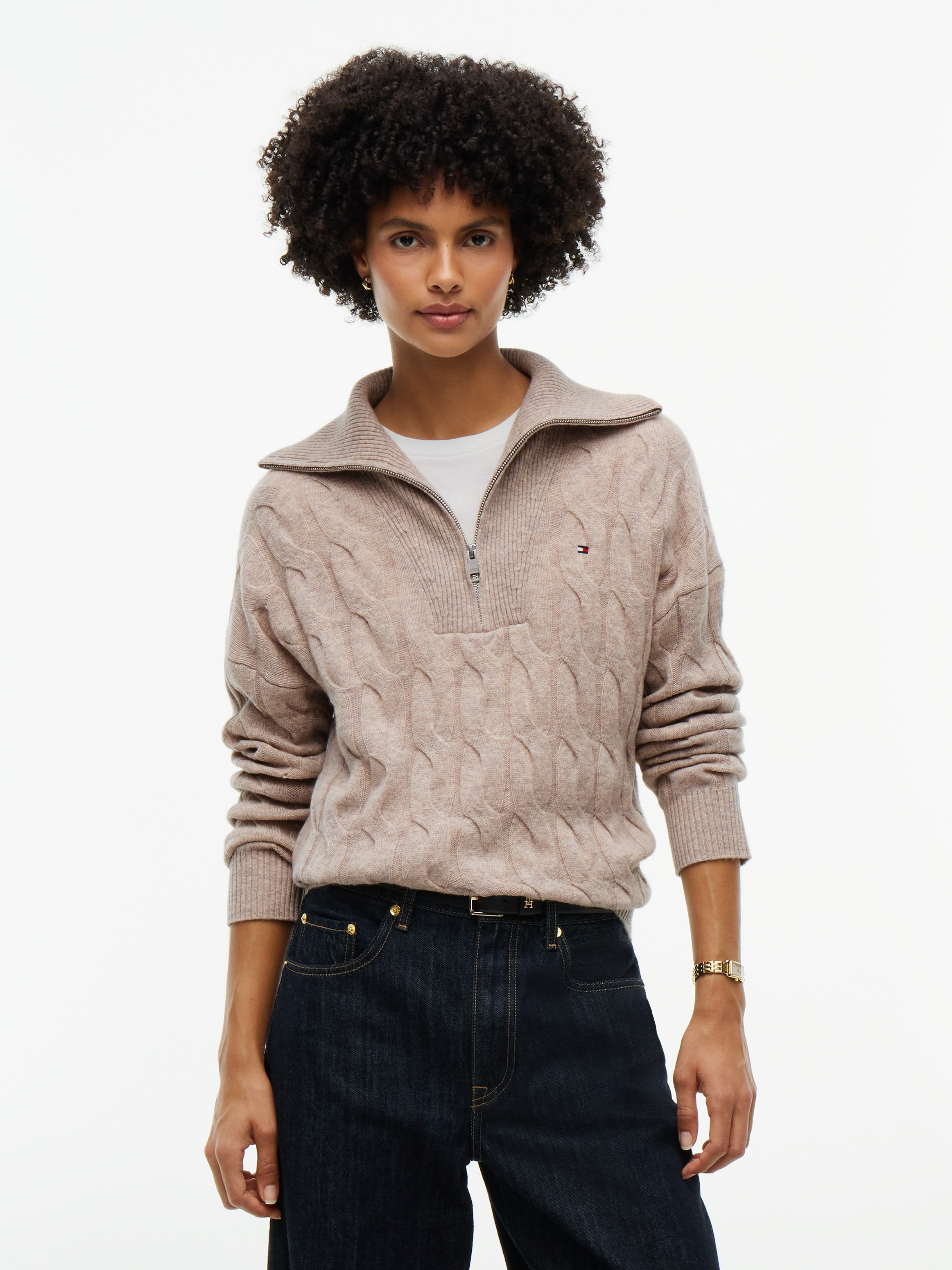 Pure Wool Cable Knit Quarter-Zip Jumper — Beige