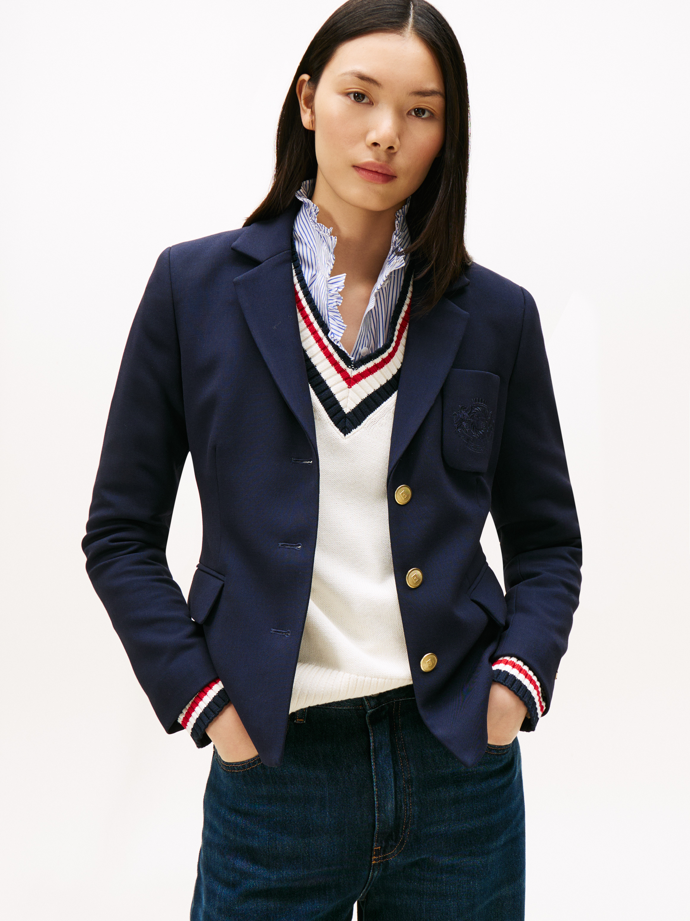 TH Crest Embroidery Slim Fit Blazer — Dark Night Navy