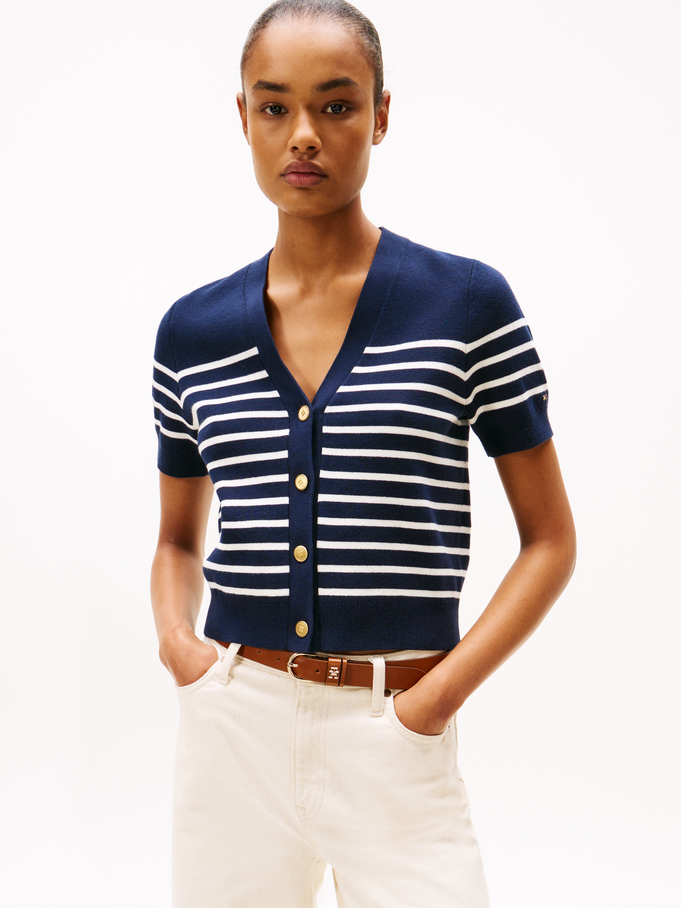 Jersey Gold-Tone Button Short Sleeve Cardigan