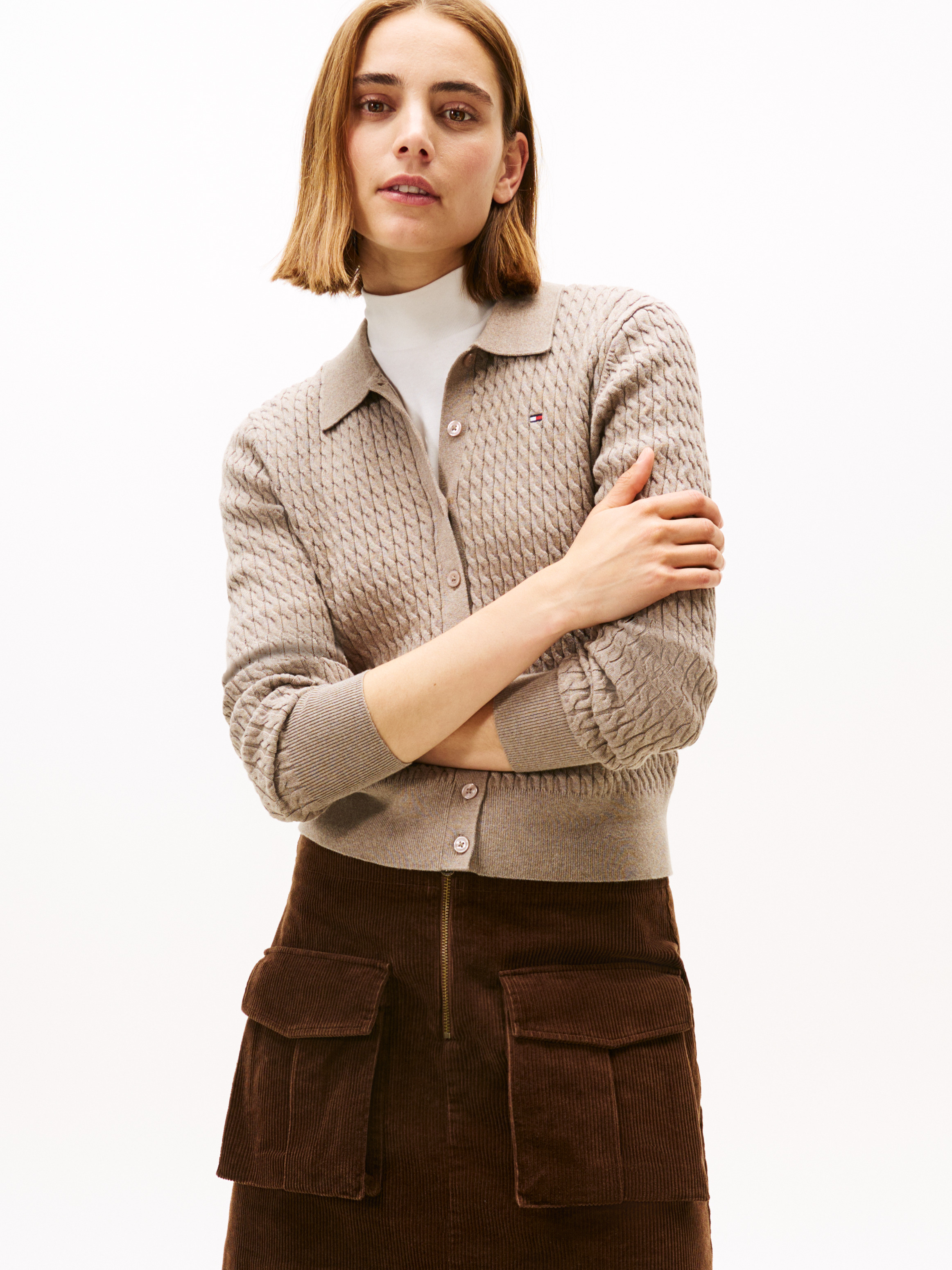 Fine Cable Knit Polo Collar Cardigan